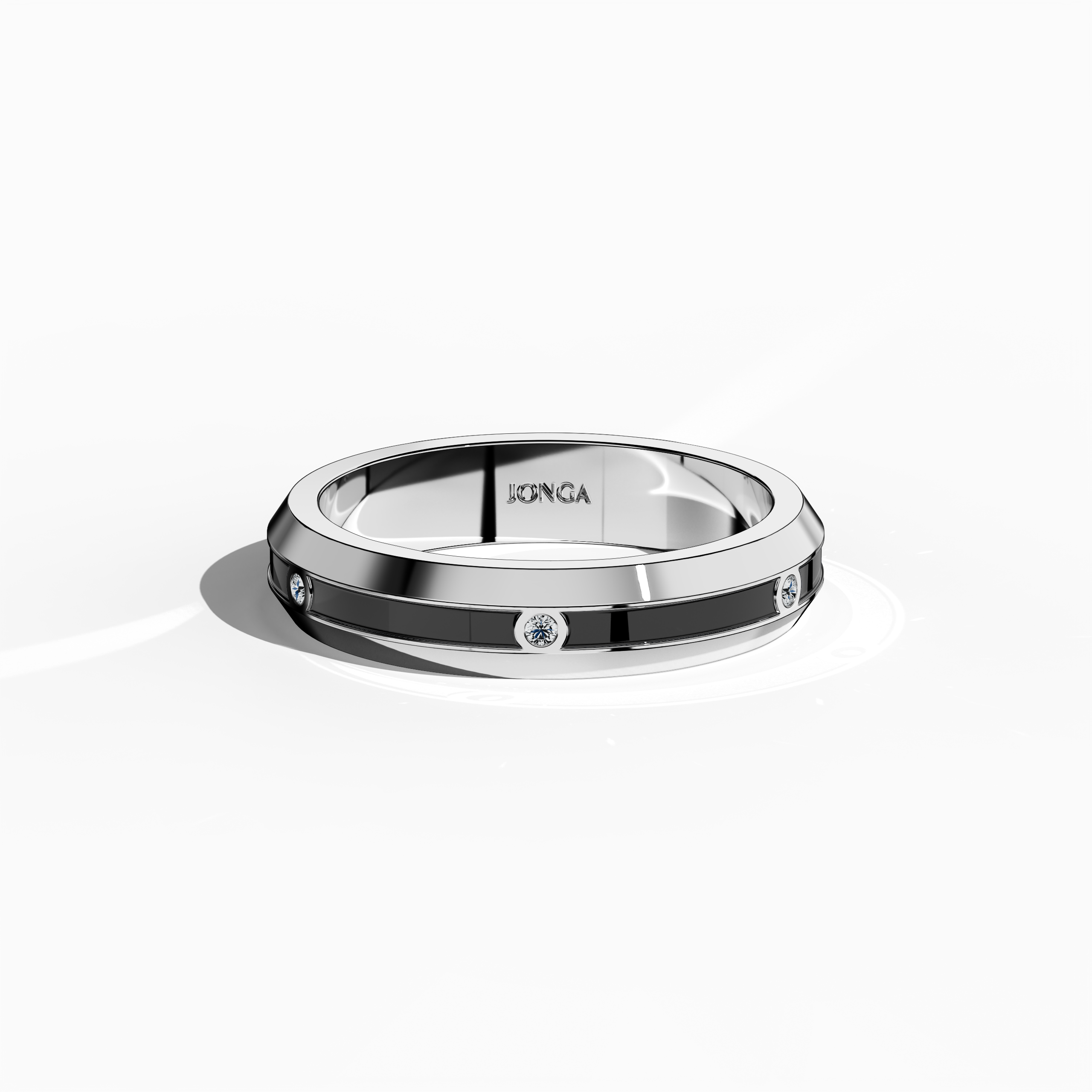 Displayed from an overhead sleeping front top view, this exquisite белое золото ring boasts a sleek band with six finely set diamonds (0.06 carats total) and a bold black glossy enamel surface that radiates sophistication. Celebrated as “Timeless Radiance,” “Celestial Emblem,” and “Eternal Sparkle,” it also carries alternative gold names such as “Auric White,” merging international design lexicons with contemporary elegance. Keywords: modern, stylish, luxury, refined, artisanal.