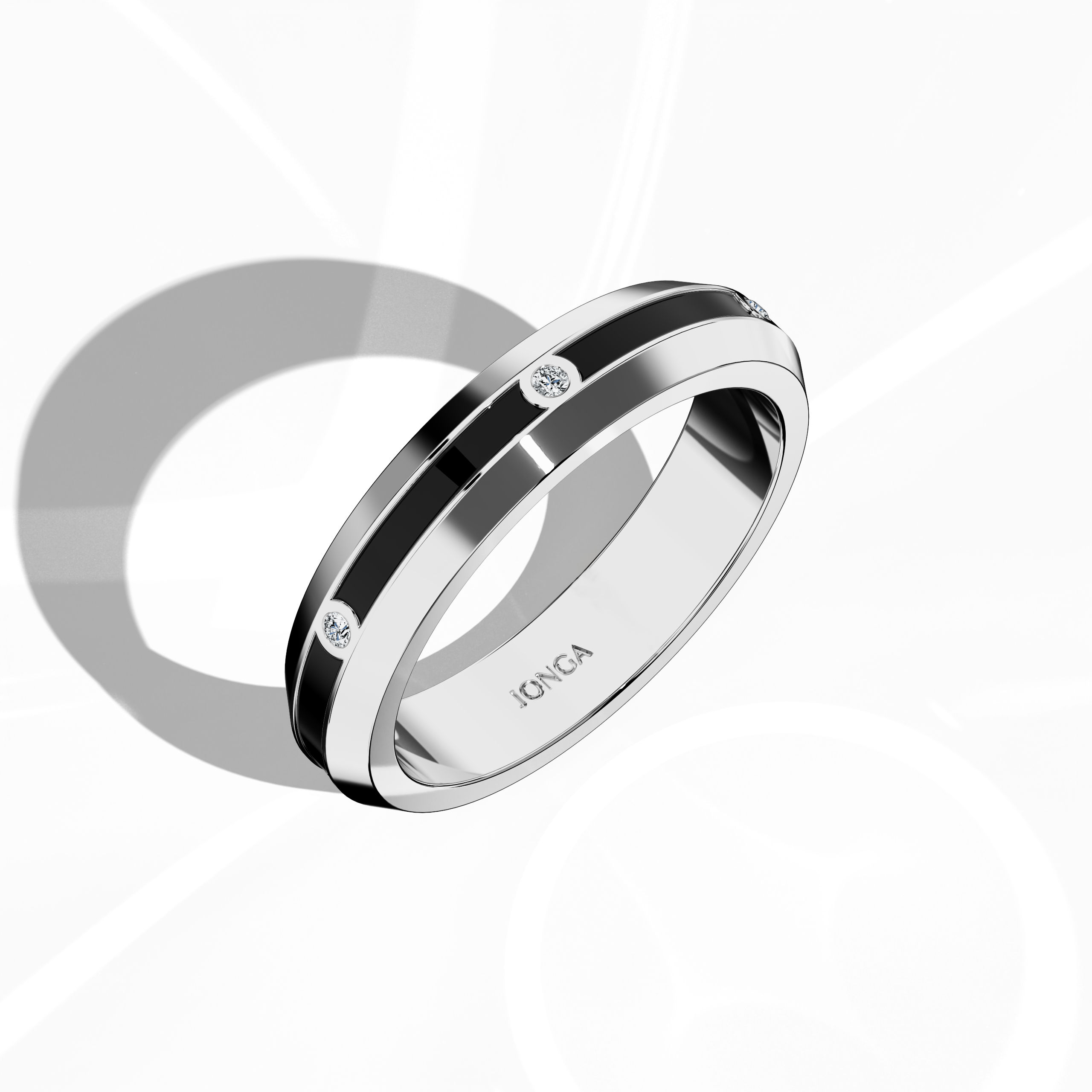 In a standing front top side view, the elegant белое золото six diamond center step enamel ring is showcased with a dynamic profile emphasizing its linear diamond arrangement (0.06 carats) and a deep black glossy enamel finish. Recognized as “Timeless Radiance,” “Celestial Emblem,” and “Eternal Sparkle,” and noted for its alternate gold descriptor “Auric White,” the design epitomizes modern luxury and classic refinement. Keywords: sleek, chic, artistic, high-end, timeless.