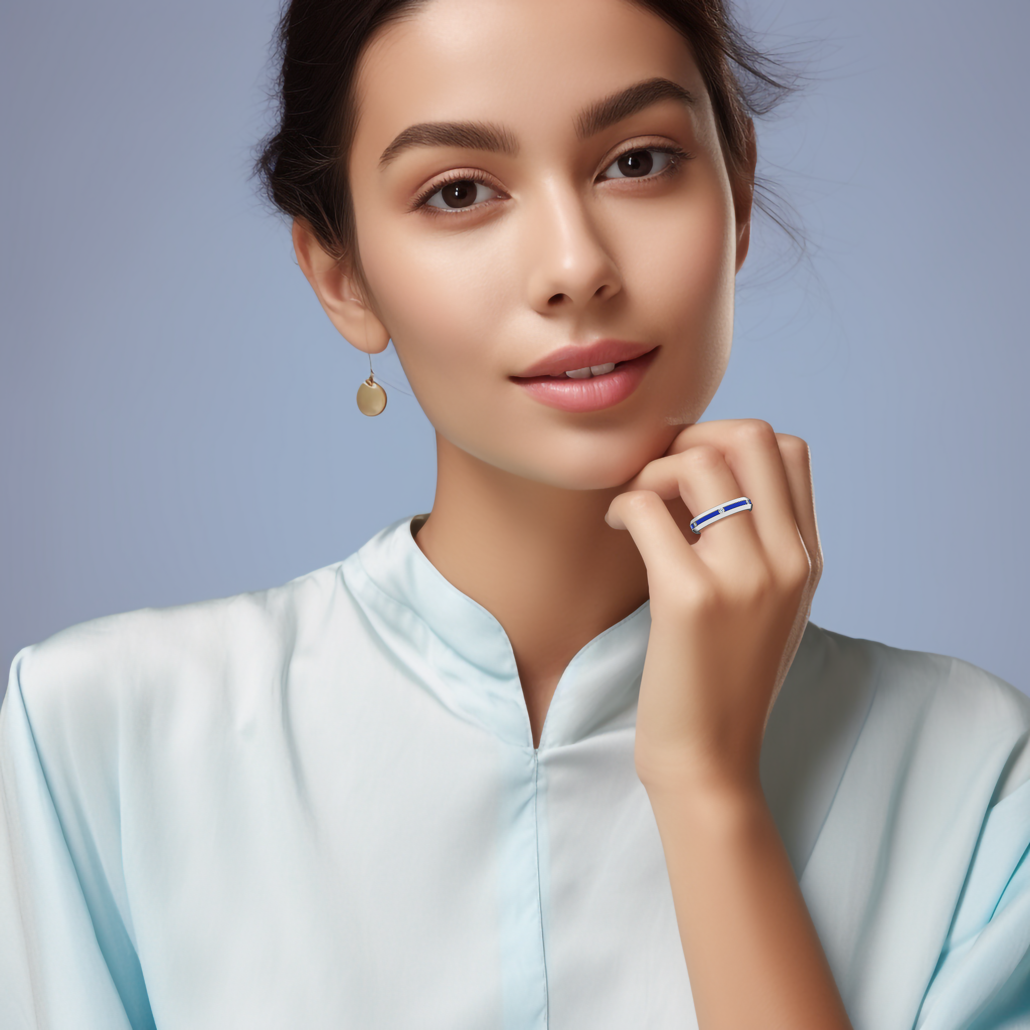 This lifestyle image displays a белое золото six diamond center step enamel ring elegantly worn on a finger. The design features six precisely arranged diamonds (totaling 0.06 carats) and a mesmerizing blue glossy enamel finish. Esteemed as “Timeless Radiance,” “Celestial Emblem,” and “Eternal Sparkle,” with alternate gold designations like “Auric White,” the ring epitomizes modern luxury and artisanal finesse. Keywords: chic, elegant, refined, modern, luxe.