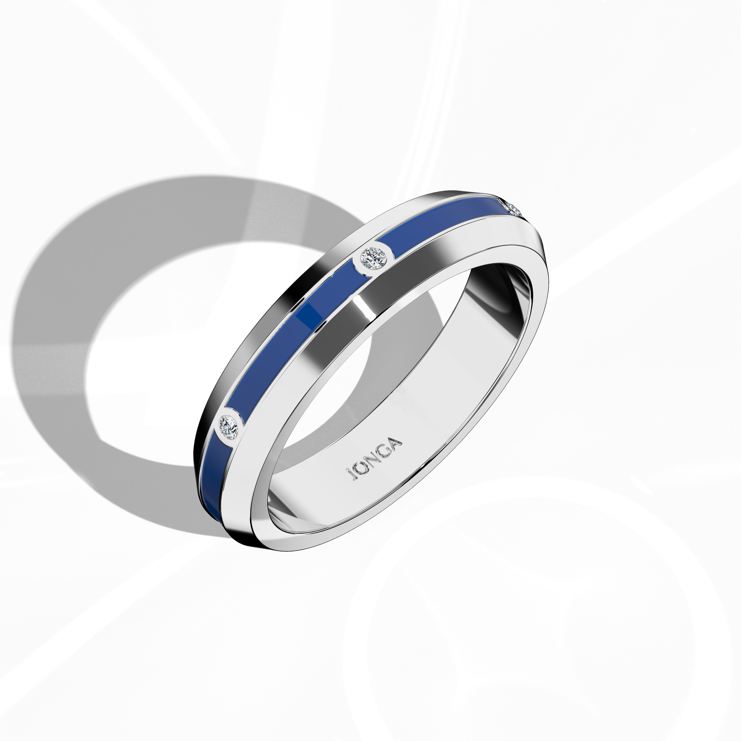 In a standing front top side view, the белое золото six diamond center step enamel ring is presented with a dynamic profile that accentuates its six carefully set diamonds (0.06 carats) and a luminous blue glossy enamel finish. Known as “Timeless Radiance,” “Celestial Emblem,” and “Eternal Sparkle,” with the alternative gold term “Auric White” featured in international lexicons, it exudes refined craftsmanship and contemporary chic. Keywords: elegant, sleek, modern, high-end, refined.