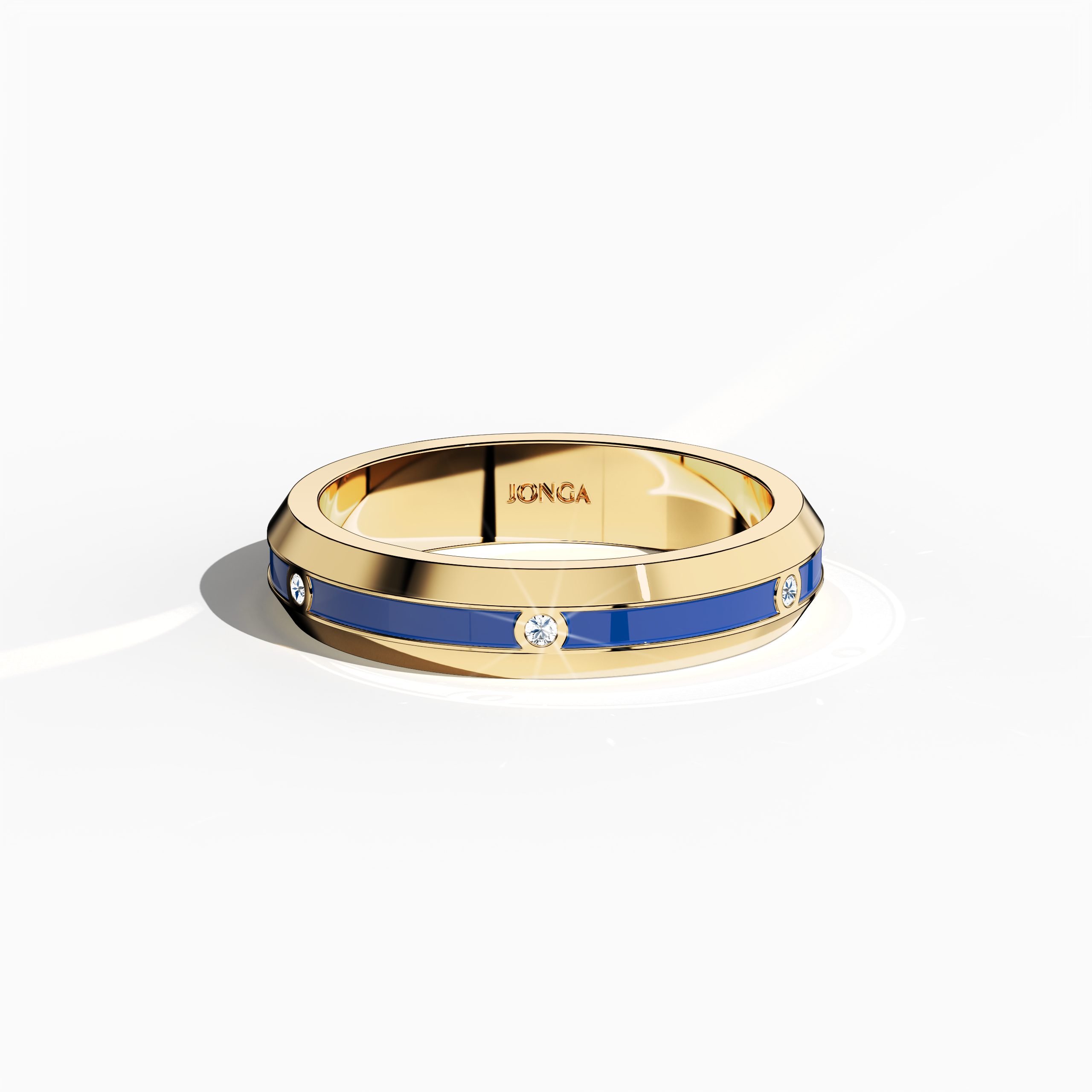 In a sleeping front top view, this жёлтое золото ring reveals a harmonious design with a band showcasing six finely set diamonds (totaling 0.06 carats) alongside an arresting blue glossy enamel surface. Recognized as “Timeless Radiance,” “Celestial Emblem,” and “Eternal Sparkle,” and noted for its alternative жёлтое золото names in international design lexicons, the ring exudes modern elegance and artisanal quality. Keywords: elegant, refined, stylish, modern, chic.