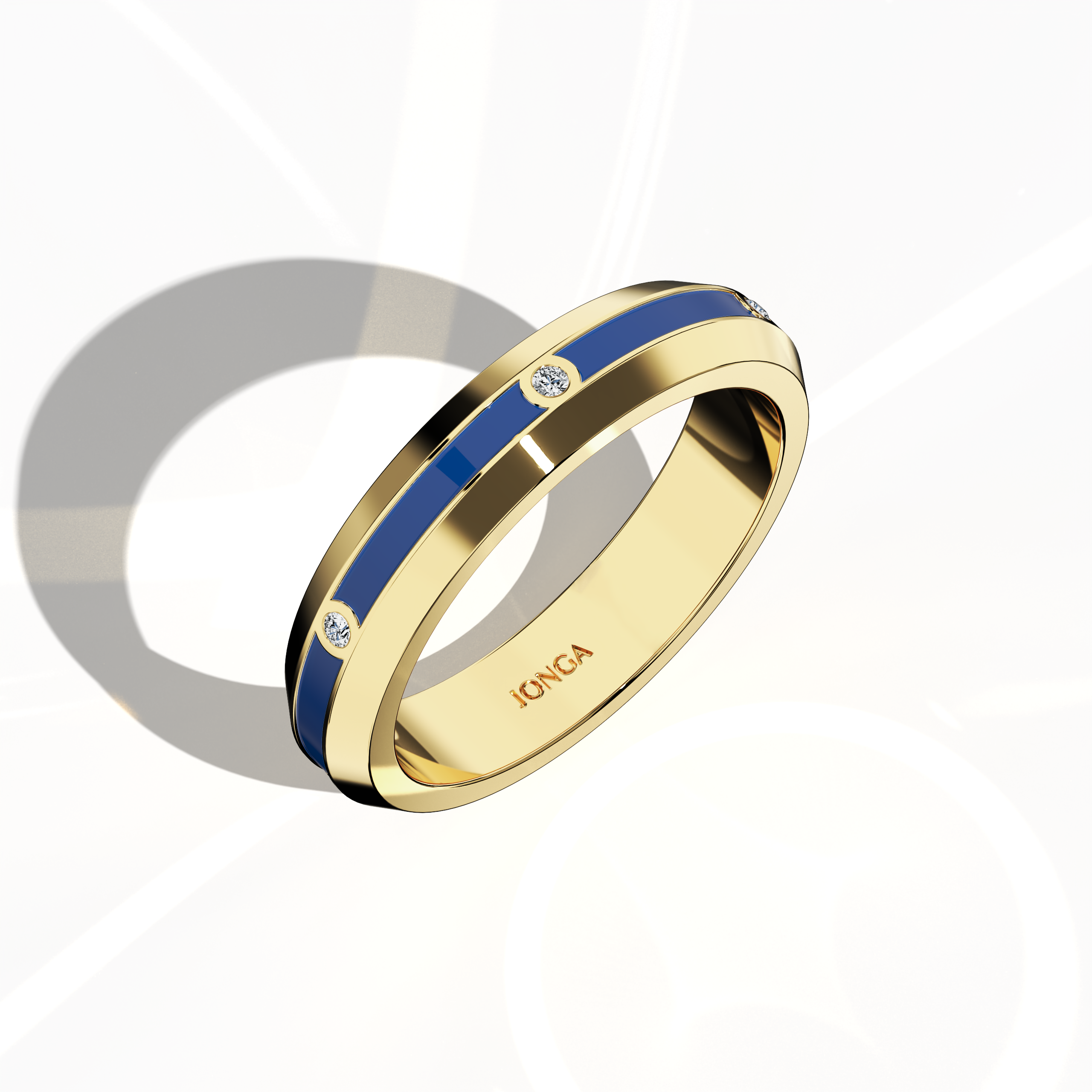 Shown in a standing front top side view, the жёлтое золото six diamond center step enamel ring impresses with its sleek profile, featuring six uniformly placed diamonds (0.06 carats) and a vibrant blue glossy enamel finish. Known as “Timeless Radiance,” “Celestial Emblem,” and “Eternal Sparkle,” with alternative жёлтое золото terms from diverse design traditions, it radiates contemporary luxury, refined craftsmanship, and artistic allure. Keywords: elegant, chic, modern, sophisticated, high-end.