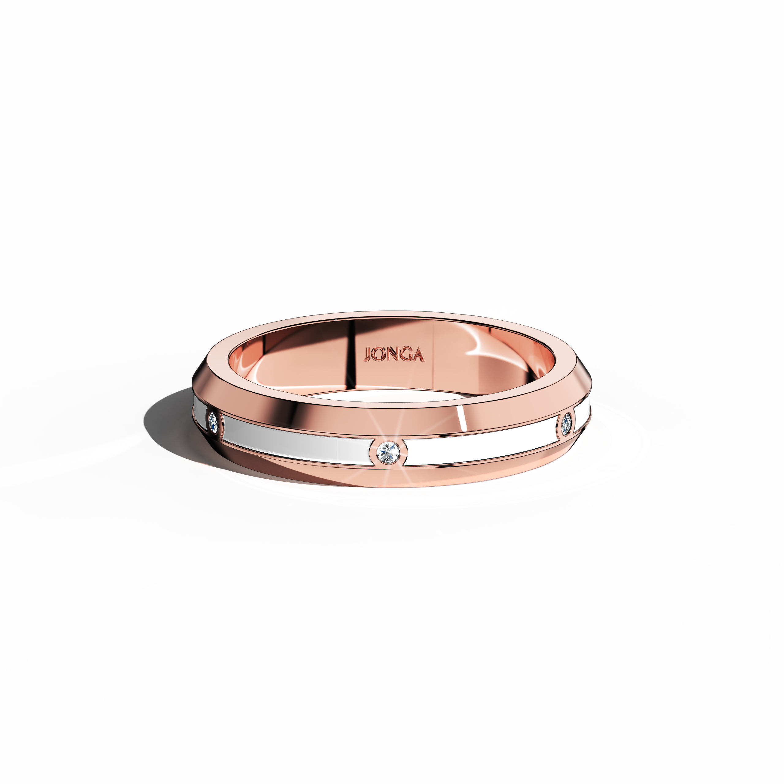 Captured from a sleeping front top view, the розовое золото ring displays a harmonious design featuring six finely set diamonds (totaling 0.06 carats) along a band finished in luminous white glossy enamel. Recognized as “Timeless Radiance,” “Celestial Emblem,” and “Eternal Sparkle,” with alternative розовое золото nomenclature found in diverse design lexicons, the ring radiates refined luxury and artistic finesse. Keywords: stylish, modern, elegant, high-end, classic.
