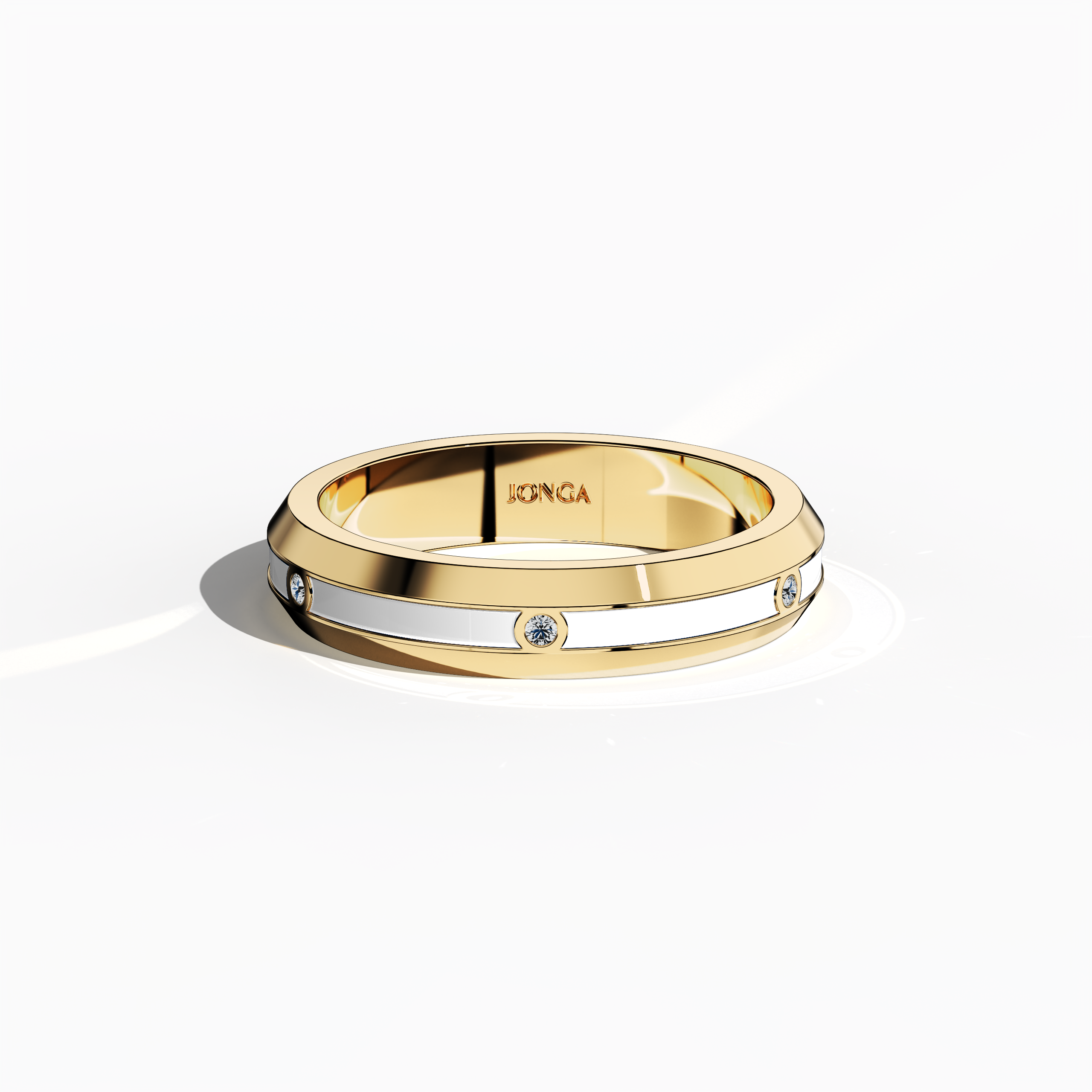 From a sleeping front top view, the жёлтое золото ring is elegantly displayed with a band featuring six meticulously arranged diamonds (0.06 carats total) and a brilliant white glossy enamel finish. Known as “Timeless Radiance,” “Celestial Emblem,” and “Eternal Sparkle,” and noted for its alternative жёлтое золото nomenclature in diverse design lexicons, the ring exudes refined luxury and timeless charm. Keywords: stylish, elegant, modern, high-end, classic.