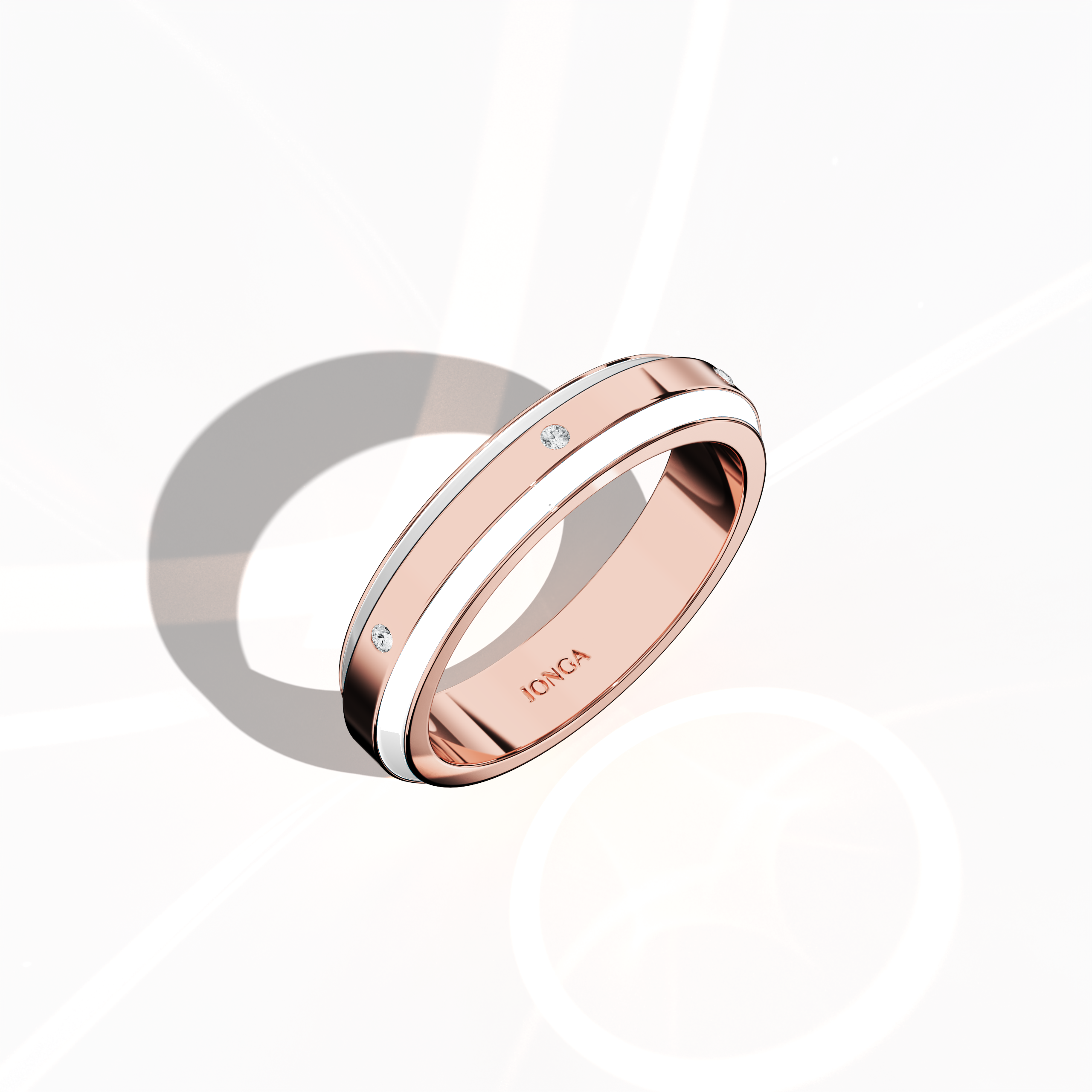 Displayed in a standing front top side view, this sophisticated six diamond enamel ring in розовое золото with a radiant white enamel finish epitomizes refined craftsmanship and timeless elegance. The band, featuring a flawless center line of six sparkling diamonds totaling up to 0.05 carat, is accentuated by a glossy polish that highlights its intricate detailing. Known as Elegant Fusion, Modern Radiance, Timeless Chic, Luxe Harmony, Classic Splendor, and Contemporary Brilliance.