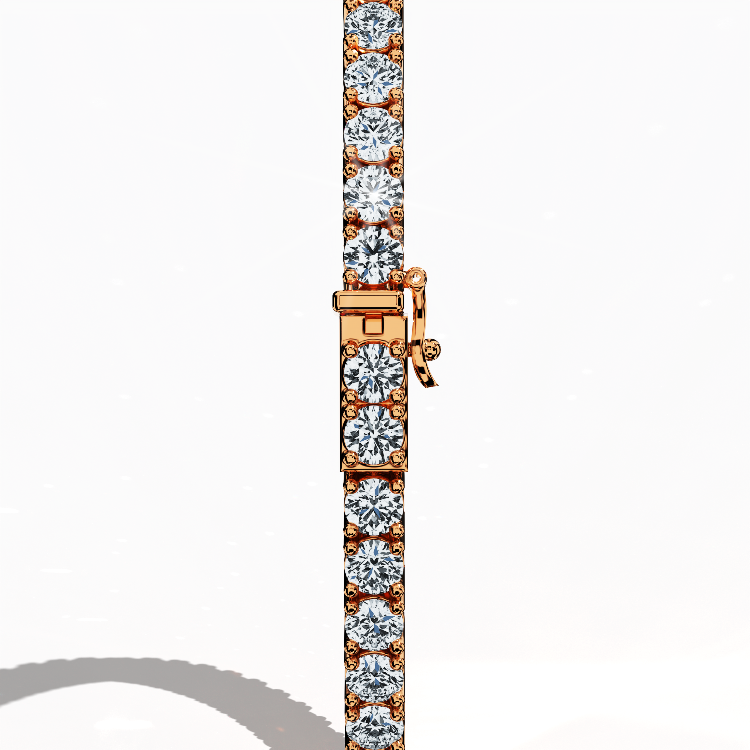 This 6-carat diamond tennis bracelet in розовое золото (sometimes known as pink gold or red gold) is viewed from a standing back perspective, highlighting the clasp closure and polished metal links. Also referred to as a line bracelet, eternity bracelet, river bracelet, or inline bracelet, it displays a shimmering row of round diamonds. Its prong-set design merges elegance with durability for any occasion. Keywords: diamond tennis bracelet, розовое золото, line bracelet.