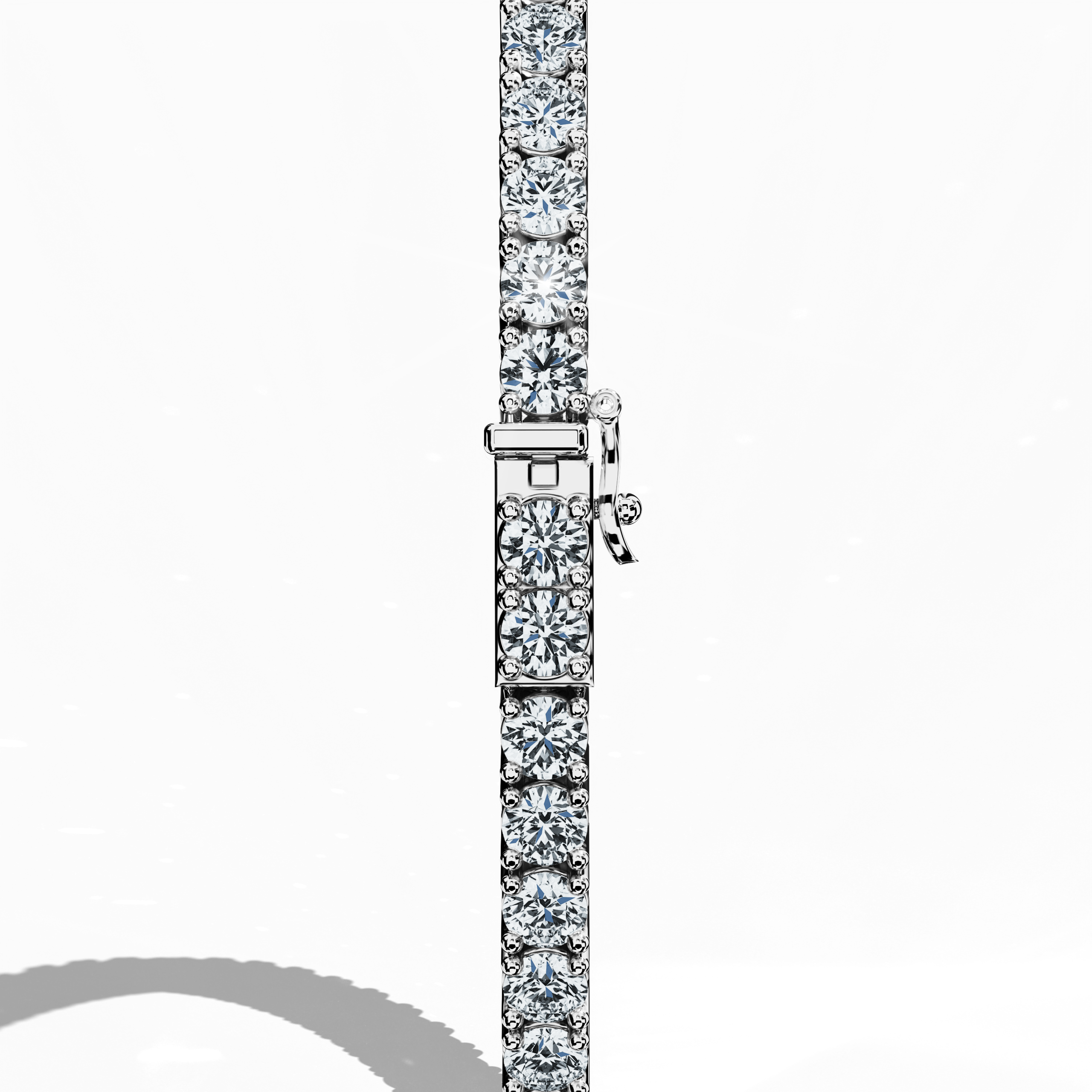 This 6-carat diamond tennis bracelet in белое золото (sometimes known as grey gold or palladium gold) is shown from a standing back angle, highlighting the clasp mechanism and secure prong setting. Also called a line bracelet, eternity bracelet, river bracelet, or inline bracelet, it features luminous round diamonds in a continuous row. Its refined craftsmanship suits both modern and classic styles. Keywords: diamond tennis bracelet, белое золото, line bracelet.