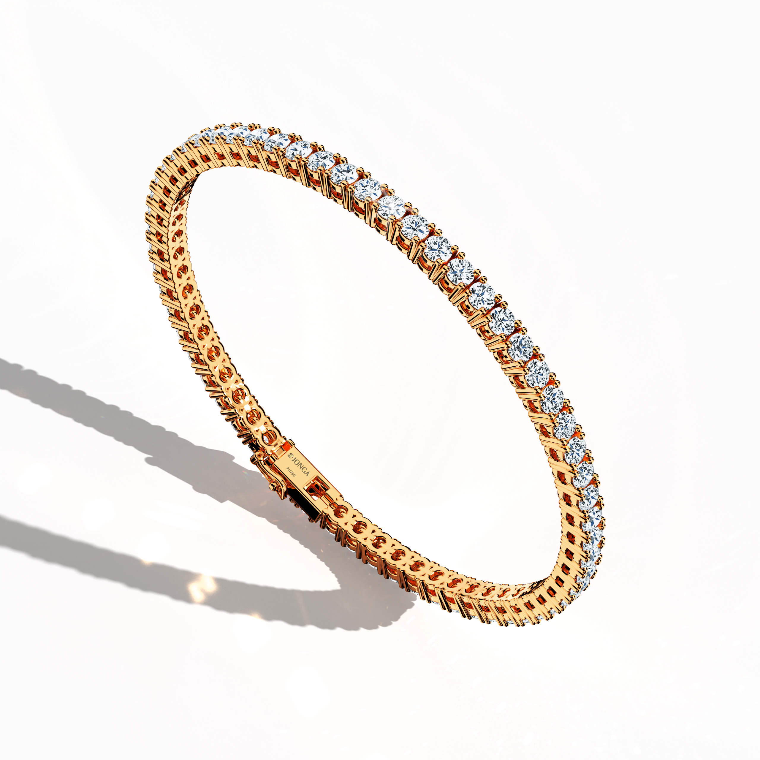 This 7-carat diamond tennis bracelet in rose gold (often labeled pink gold or red gold) is shown from a standing front top side angle, emphasizing its warm-toned metal and radiant diamonds. Sometimes called a line bracelet, eternity bracelet, river bracelet, or inline bracelet, it combines timeless charm with a secure clasp. The prong-set stones reflect light beautifully, adding a refined glow. Keywords: diamond tennis bracelet, rose gold, line bracelet.