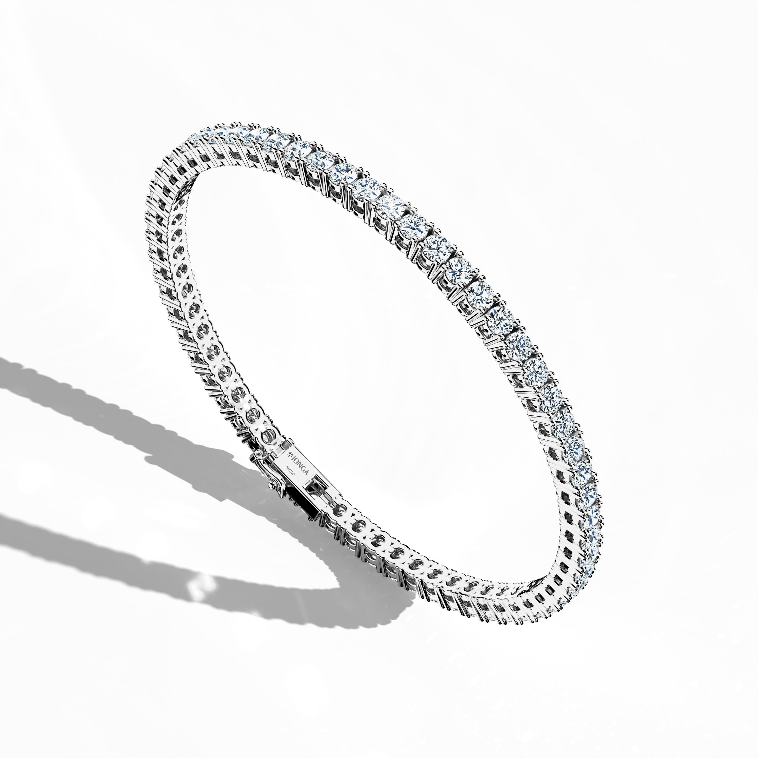 This 7-carat diamond tennis bracelet in white gold (often labeled grey gold or palladium gold) is portrayed from a standing front top side angle, emphasizing its shimmering row of round brilliant stones. Sometimes called a line bracelet, eternity bracelet, river bracelet, or inline bracelet, this sleek design merges elegance with durability. Its secure clasp and prong setting ensure lasting beauty. Keywords: diamond tennis bracelet, white gold, line bracelet.