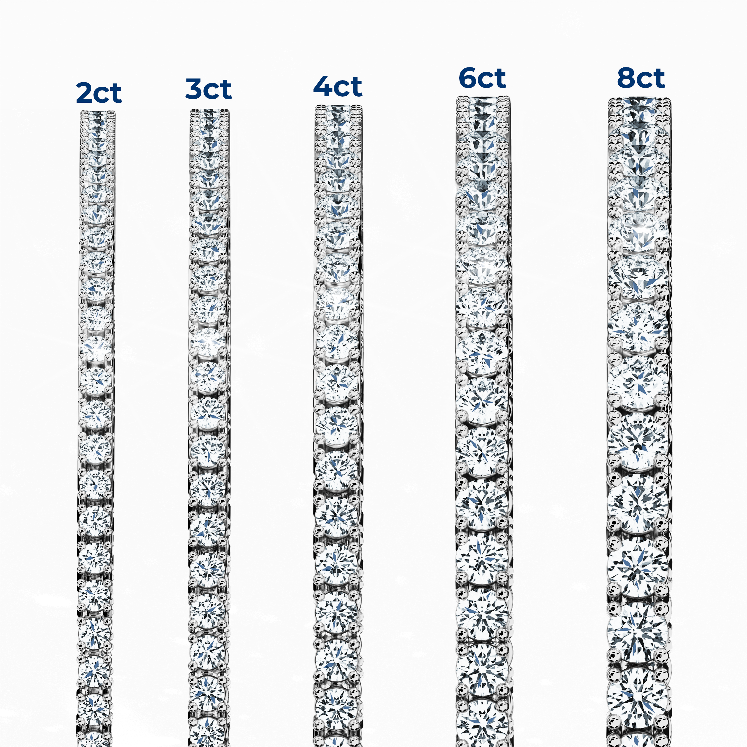 In a standing side view camera angle, five diamond bracelets in белое золото (also known as grey gold or palladium gold) appear in 2ct, 3ct, 4ct, 6ct, and 8ct total weights. These prong-set round brilliant designs are called tennis bracelet, line bracelet, eternity bracelet, river bracelet, and inline bracelet. Their four-prong setting maximizes sparkle, ideal for daily elegance or special events. Keywords: diamond tennis bracelet, белое золото, line bracelet.