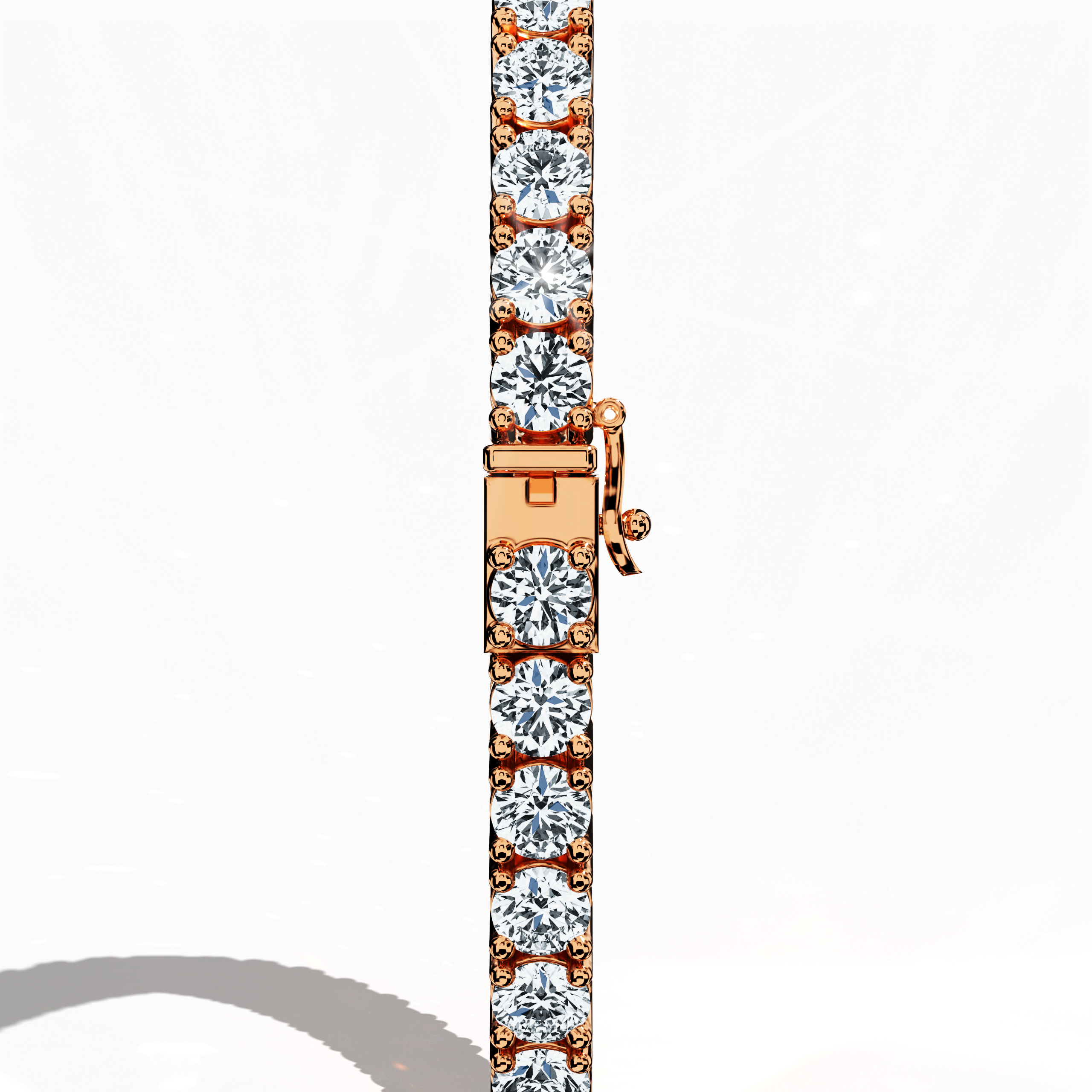 From a standing back side view, this 8-carat diamond tennis bracelet in розовое золото (often termed pink gold or red gold) reveals a meticulously crafted clasp and secure prong-setting. Also known as a line bracelet, eternity bracelet, river bracelet, or inline bracelet, its continuous row of brilliant round diamonds creates a mesmerizing band of light. The design merges contemporary style with timeless allure, perfect for any occasion. Keywords: diamond tennis bracelet, розовое золото, elegant Украшения.