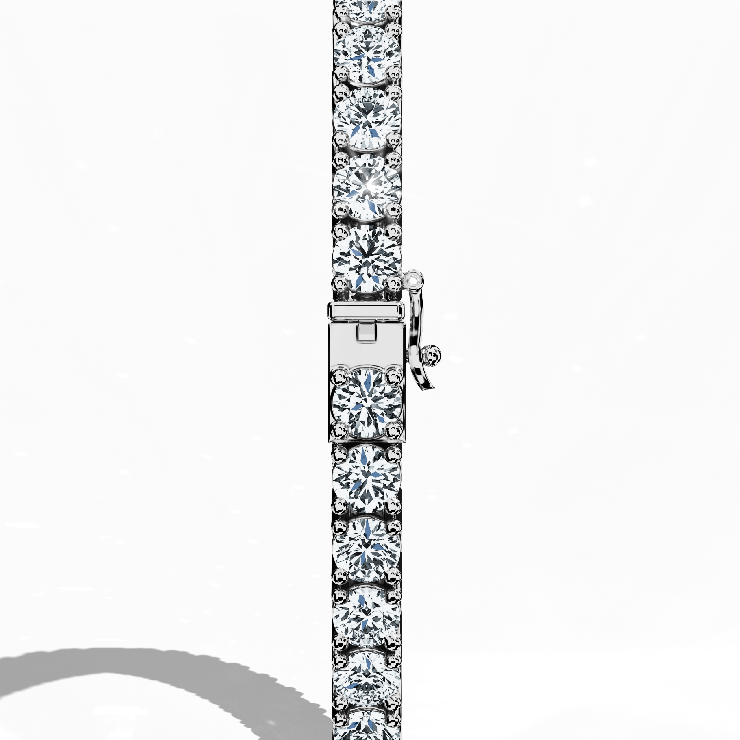 From a standing back side view, this 8-carat diamond tennis bracelet in белое золото (sometimes termed grey gold or palladium gold) showcases its impeccable clasp and prong-set design. Known as a line bracelet, eternity bracelet, river bracelet, or inline bracelet, the luminous row of round diamonds creates a continuous cascade of brilliance that epitomizes timeless elegance and modern style. Keywords: diamond tennis bracelet, белое золото, elegant accessory.