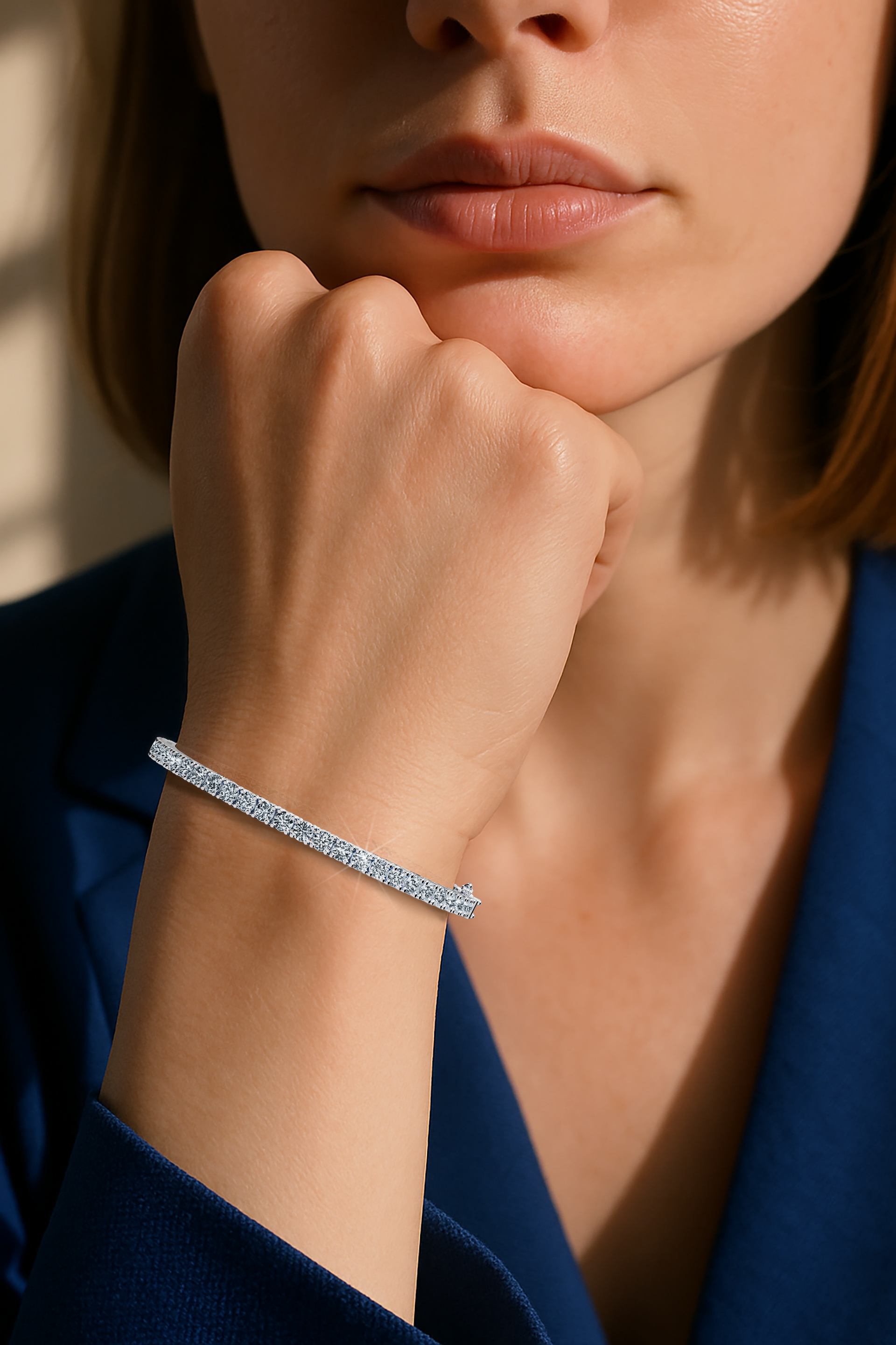 Worn on a woman's wrist, this 8-carat diamond tennis bracelet in white gold (alternatively recognized as grey gold or palladium gold) is presented with a natural, captivating glow. Also referred to as a line bracelet, eternity bracelet, river bracelet, or inline bracelet, its prong-set round diamonds form a flawless band that epitomizes refined luxury and contemporary charm. Perfect for accentuating any style. Keywords: diamond tennis bracelet, white gold, elegant jewelry.