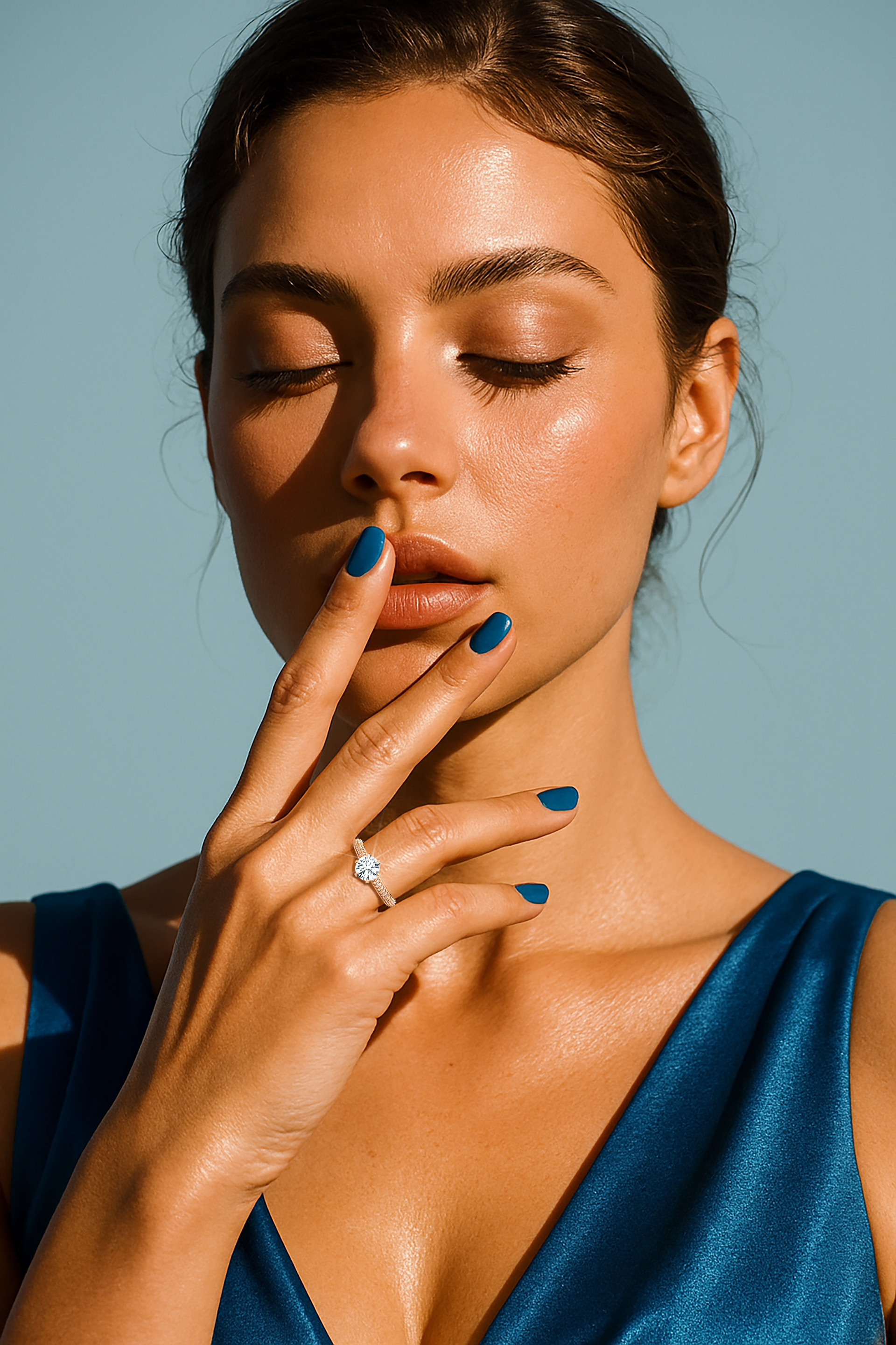 Exquisite solitaire paved ring with a total of 0.90 карат diamonds – comprising a 0.50 карат center diamond and 0.40 карат pavé side stones – set in soft розовое золото (blush/pink gold) with a modern two‑step band featuring a sharp central line. Shown on her finger, this fine Украшения/fine Ювелирные изделия ring epitomizes modern romance and timeless elegance.