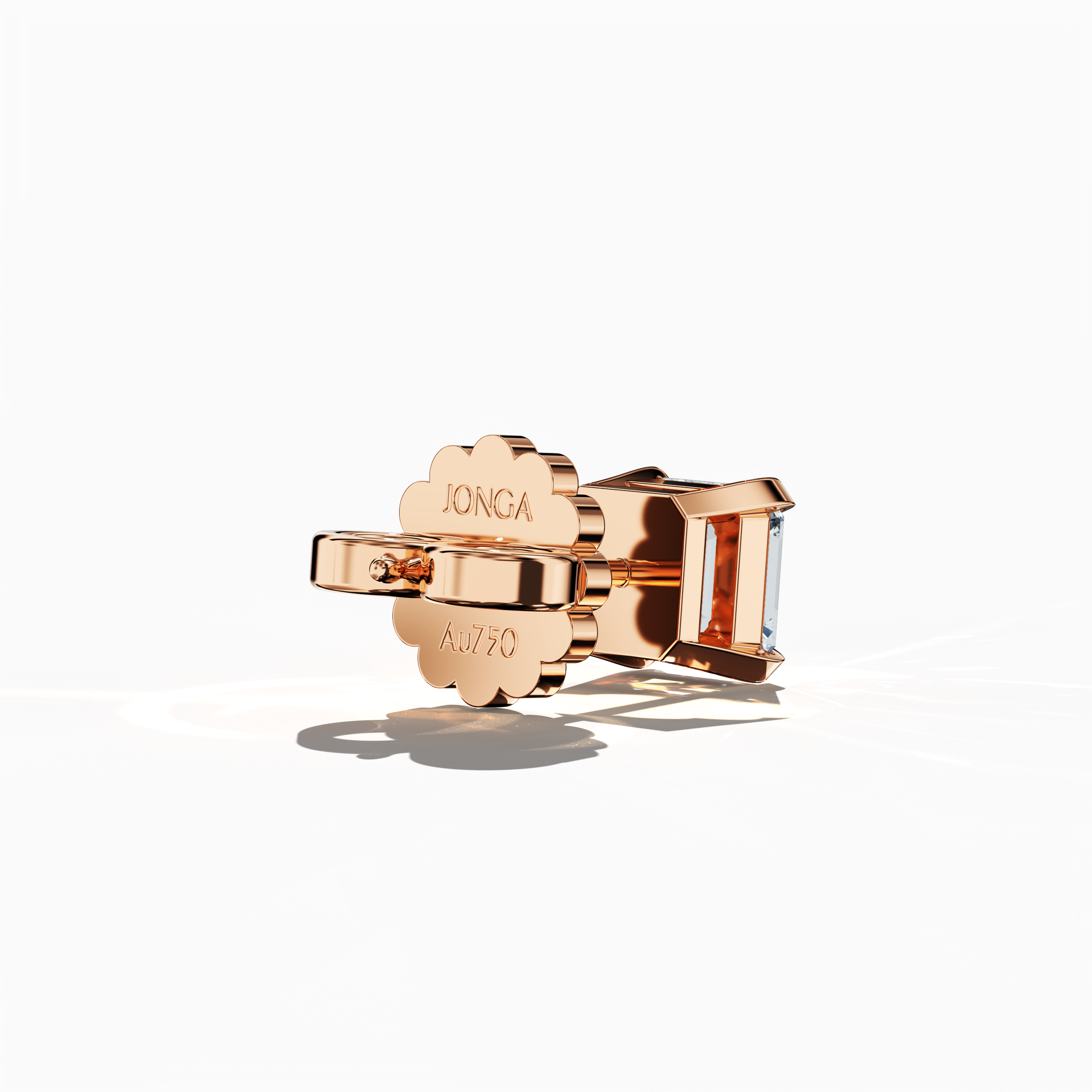 Back side view of 1-carat natural diamond earring in 18k розовое золото with nail prong setting; features an Asscher cut diamond (also referred to as square emerald cut or step cut diamond in certain markets) – luxury fine Украшения/fine Ювелирные изделия ear accessory.