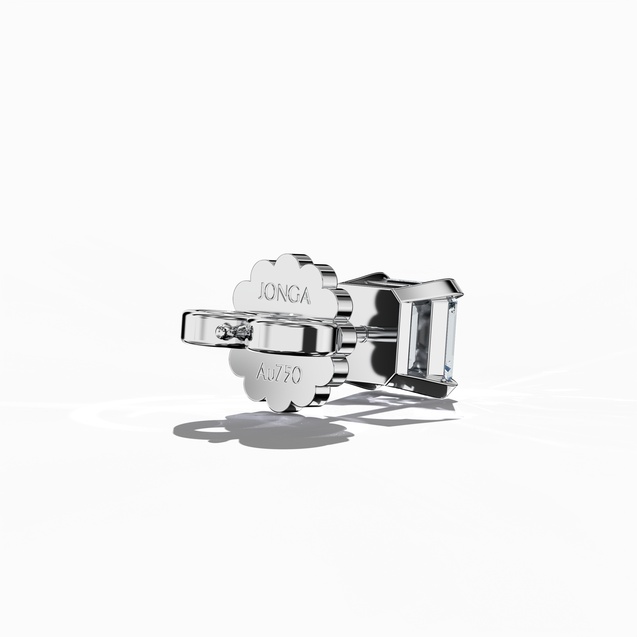 Back side view 1-carat natural diamond earring in 18k белое золото with nail prong setting; features an Asscher cut diamond (also referred to as square emerald cut or step cut diamond in certain markets) – luxury fine Украшения/fine Ювелирные изделия ear accessory.