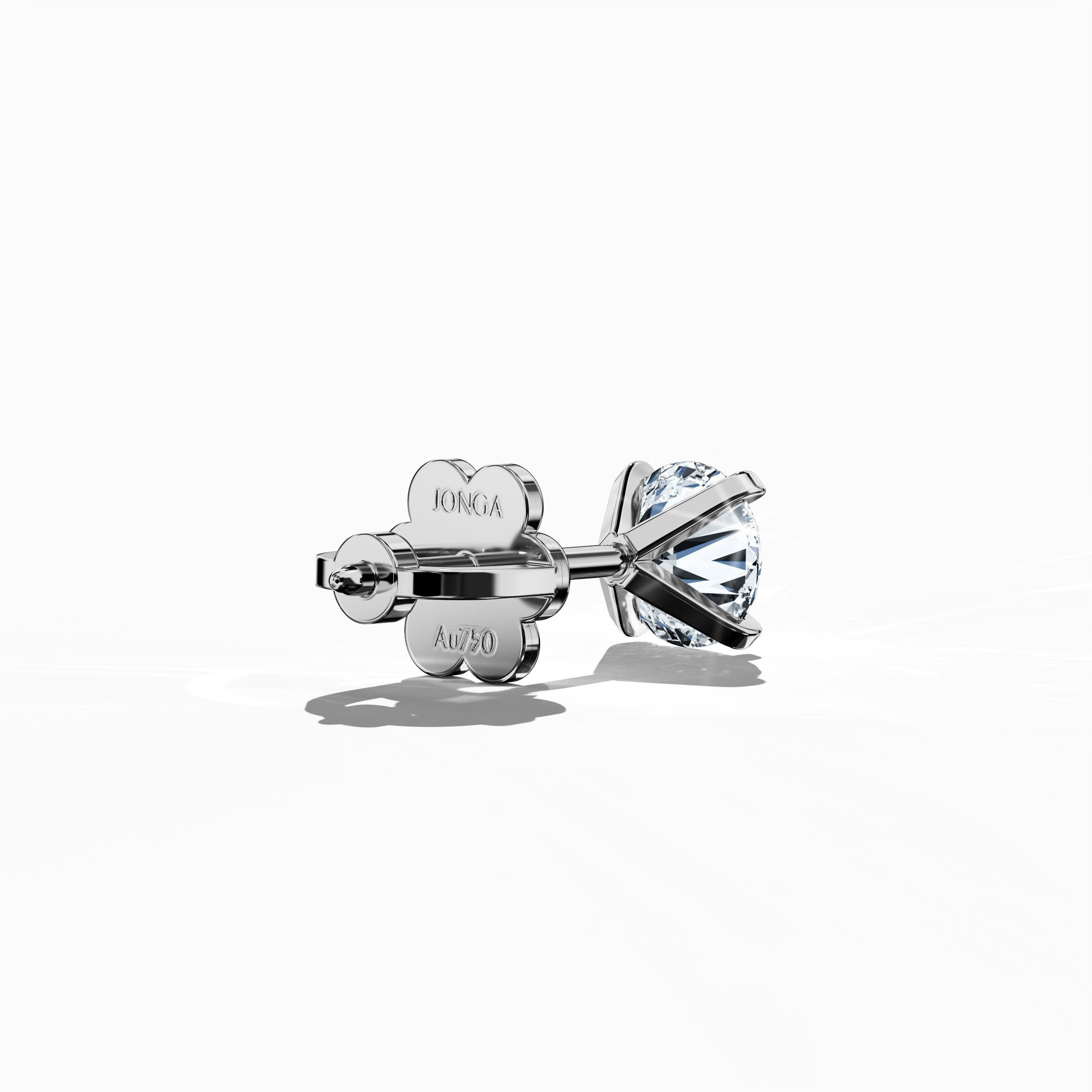 Back side view of 2 carat natural diamond earring in 18k белое золото with nail prong setting; diamond stud, 2ct solitaire diamond, luxury fine Украшения/fine Ювелирные изделия ear accessory.