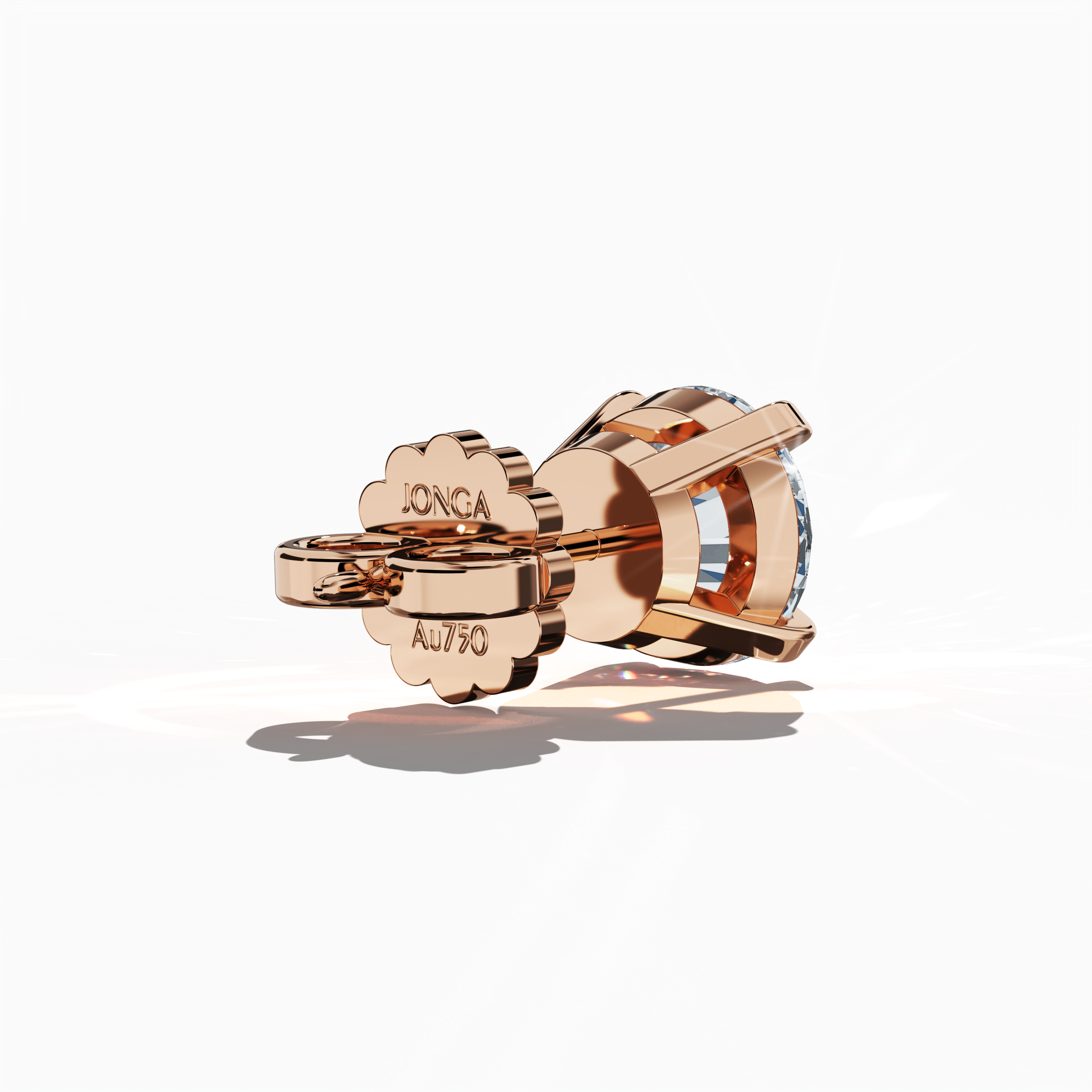 Back side view of 4 carat natural diamond stud earrings in classic basket and Nail Prong/claw settings, crafted in 18k розовое золото.