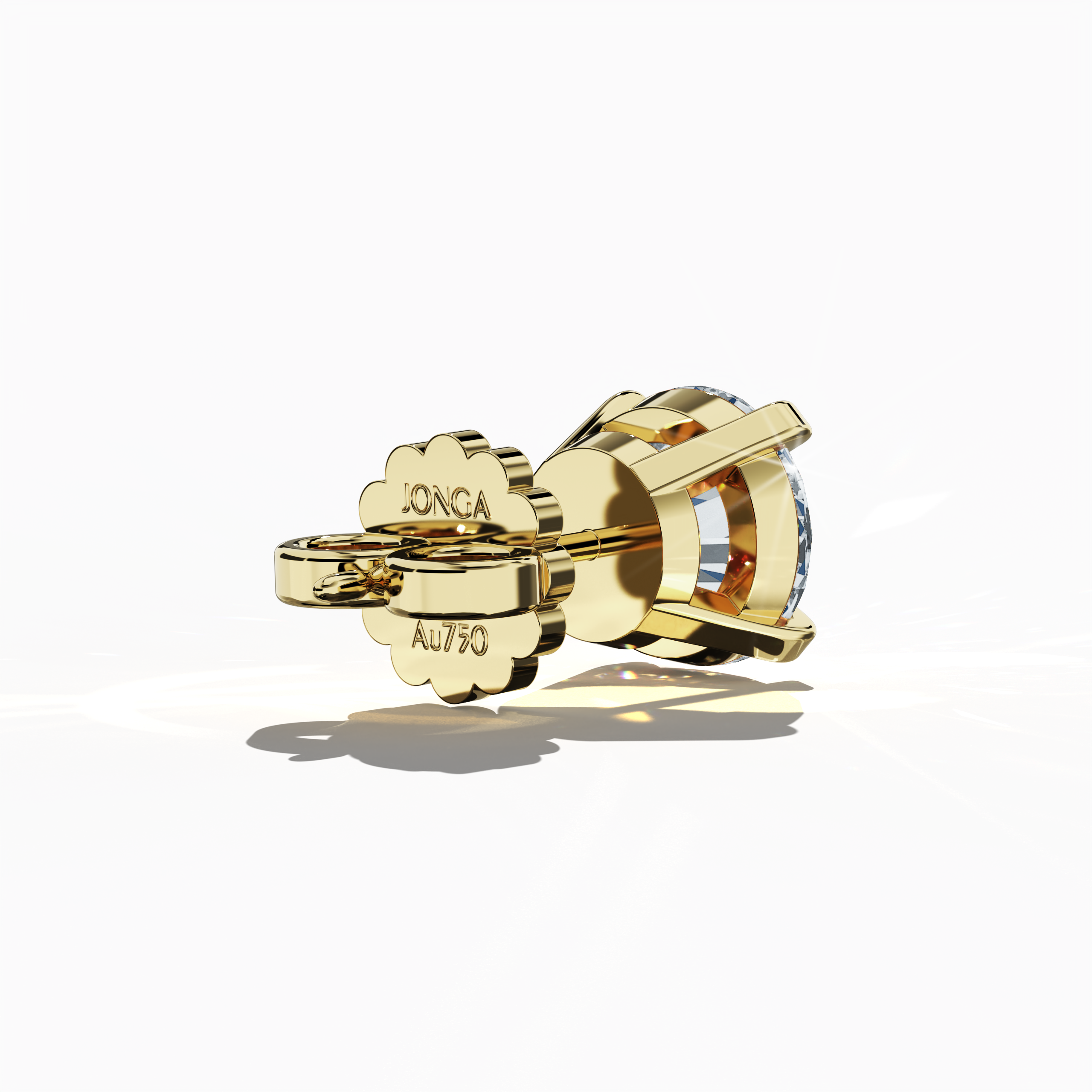 Back side view of 4 carat natural diamond stud earrings in classic basket and Nail Prong/claw settings, crafted in 18k жёлтое золото.