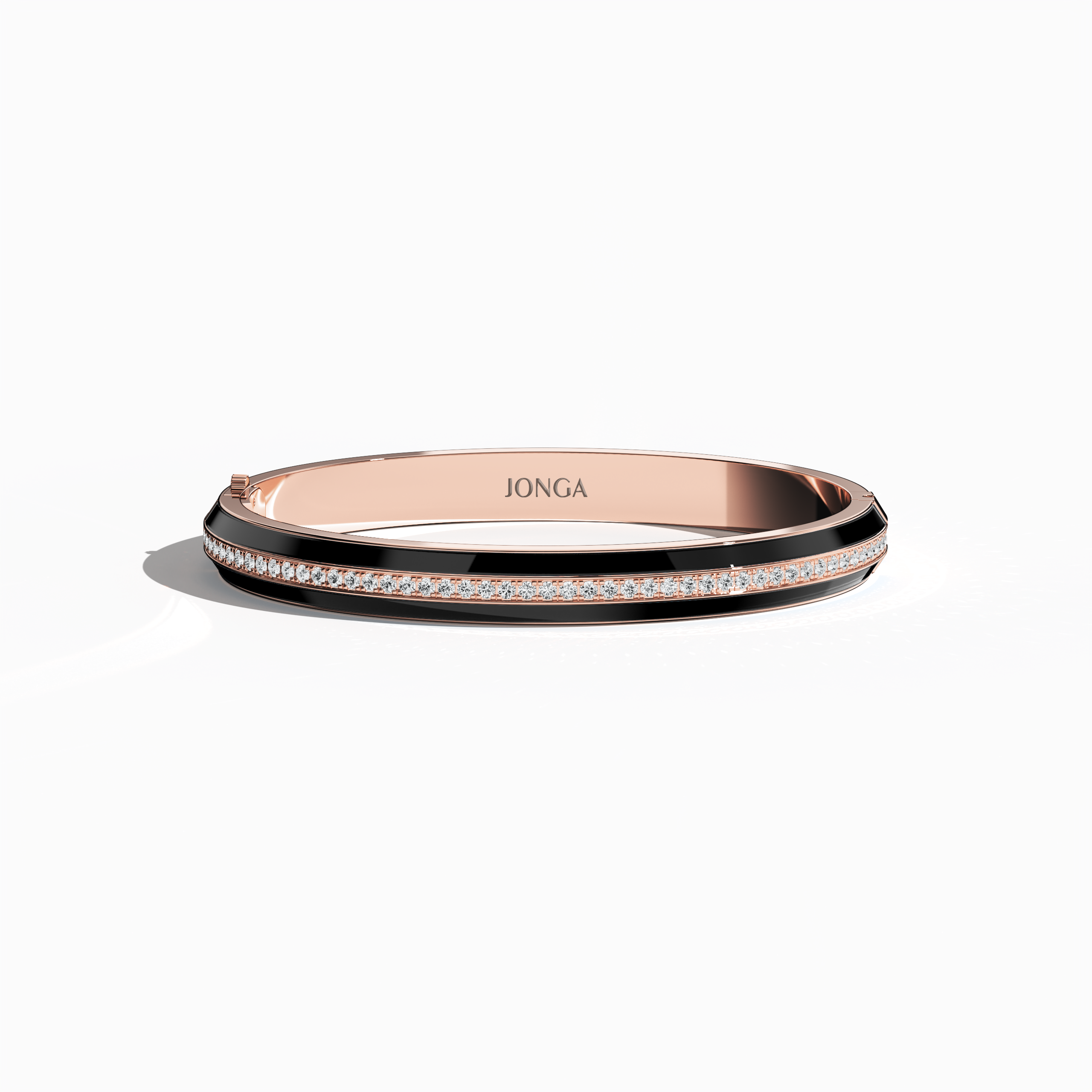 Front top view of a side enamel center paved bangle in розовое золото (sometimes referred to as blush gold), accentuated by a bold black enamel stripe. This 2.60-carat diamond piece—often termed bracelet, armlet, kangan, or pulsera—combines radiant pavé diamonds with smooth enamel. Its streamlined silhouette and warm pinkish metal create a luxurious yet contemporary motif. Keywords: bangle, enamel, diamonds, розовое золото.