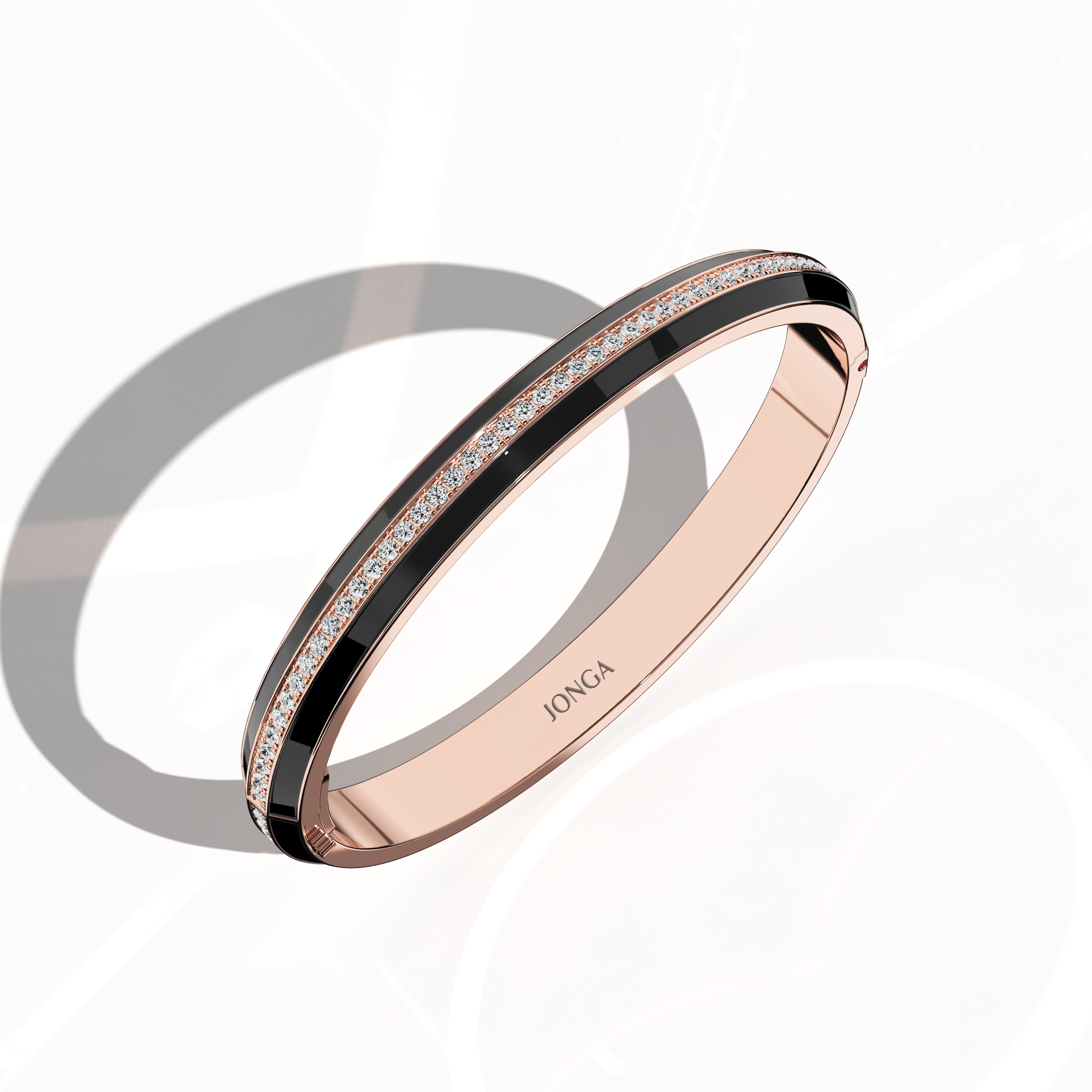 Standing front top side view of a side enamel center paved bangle in розовое золото (also called pink gold), adorned with a dramatic black enamel band. Featuring 2.60 carats of diamonds in a shimmering pavé arrangement, this ornament—bracelet, armlet, kangan, or pulsera—showcases a refined style. The elevated angle highlights the interplay of rich enamel and soft-hued metal. Keywords: bangle, enamel, diamonds, розовое золото.