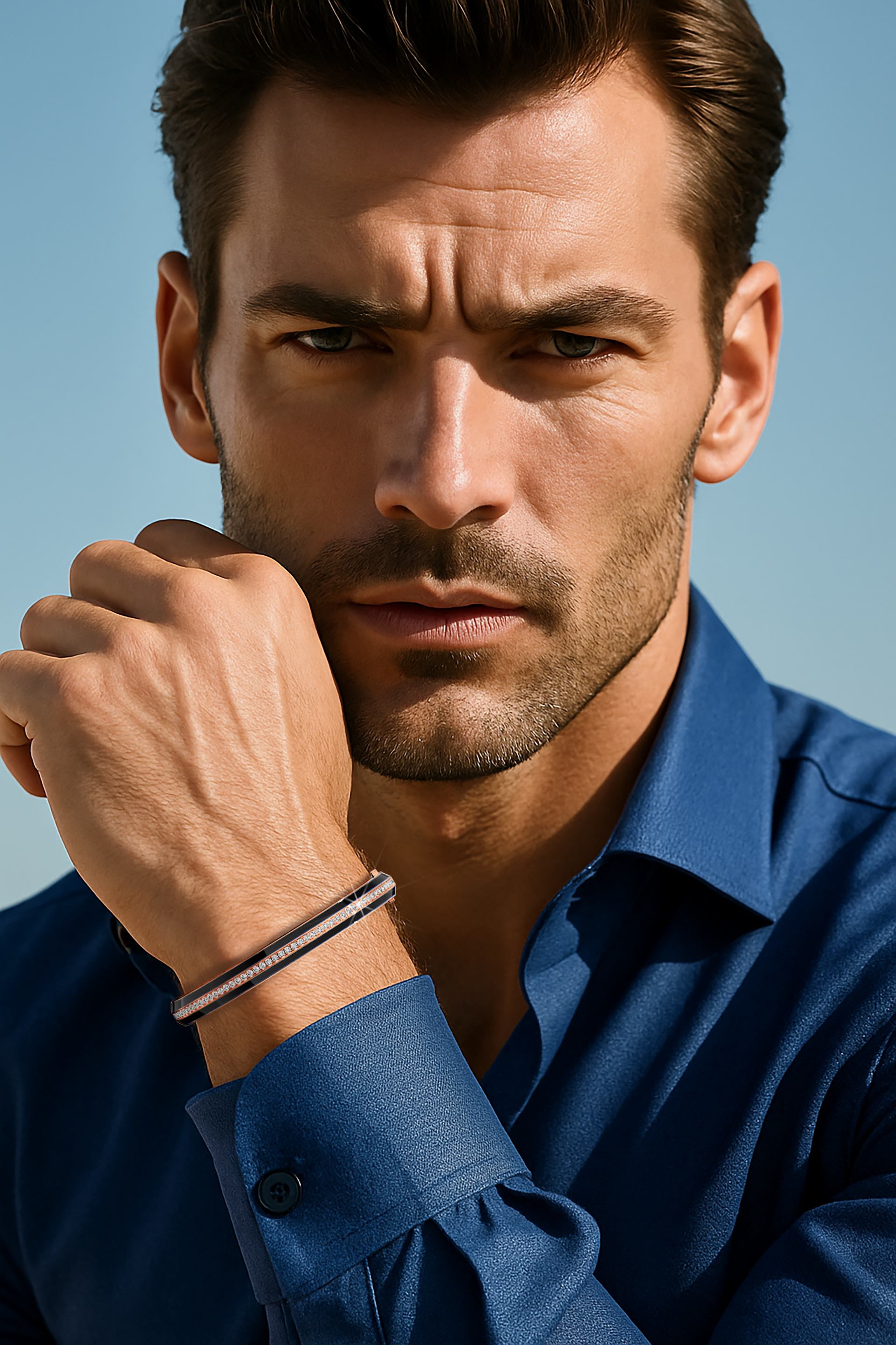 Side enamel center paved bangle in розовое золото (also known as pink gold) with black enamel, worn on a masculine wrist. Its 2.60-carat diamond pavé adds a subtle yet luxurious accent, making this bracelet, armlet, kangan, or pulsera a versatile accessory. The sleek design fuses warm-toned metal with bold enamel, offering a sophisticated edge that complements both formal and casual looks. Keywords: bangle, enamel, diamonds, розовое золото.