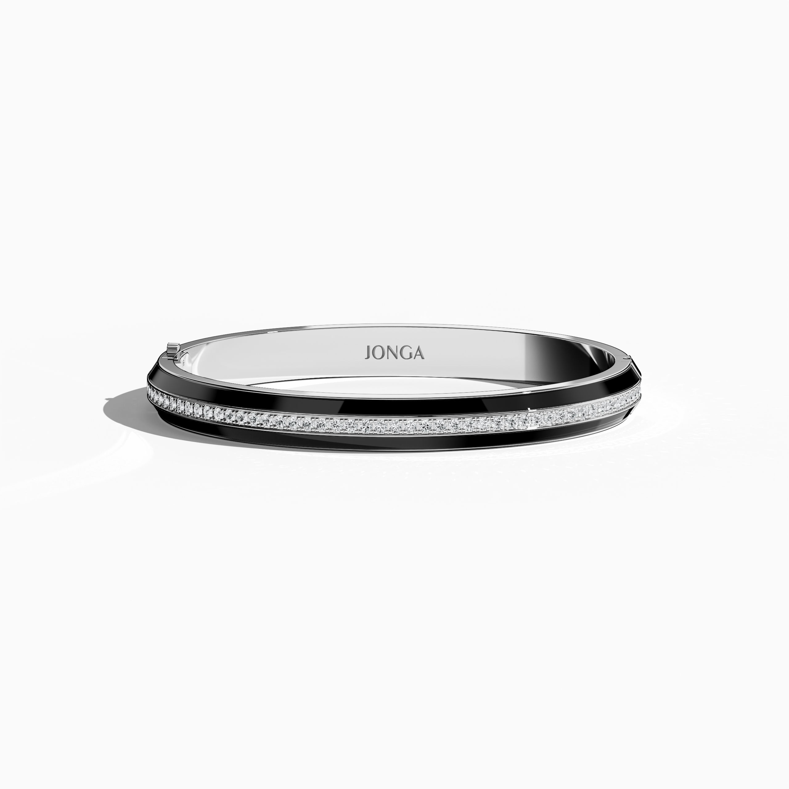 Front top view of a side enamel center paved bangle in белое золото (sometimes referred to as pale gold), accentuated by a bold black enamel stripe. This 2.60-carat diamond piece—often named bracelet, armlet, kangan, or pulsera—offers an exquisite fusion of sparkling pavé and sleek enamel. Its streamlined silhouette showcases a graceful motif ideal for both formal and casual wear. Keywords: bangle, enamel, diamonds, белое золото.