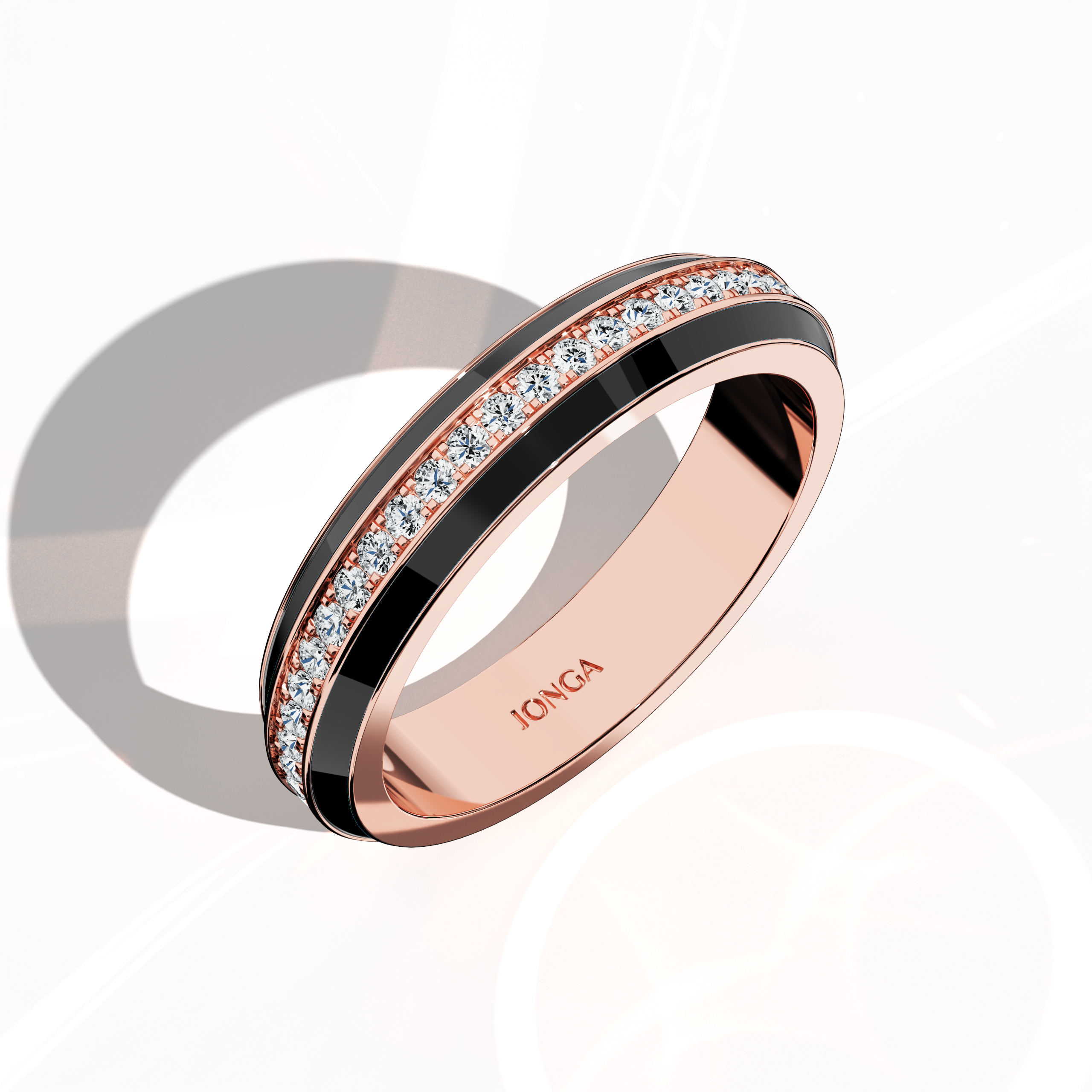 Admire the stunning profile of this розовое золото ring enhanced by striking black glossy enamel and a 0.35 carat paved center stone. Viewed from a standing front top side perspective, the elegant pave band—termed Eternity Pave, Pavé Chic, and Carat Pave—showcases intricate pavé detailing that highlights the warm glow of розовое золото. The piece combines contemporary elegance with timeless craftsmanship, exuding luxury and refined sophistication.
Keywords: enamel, pave, designer, luxury.