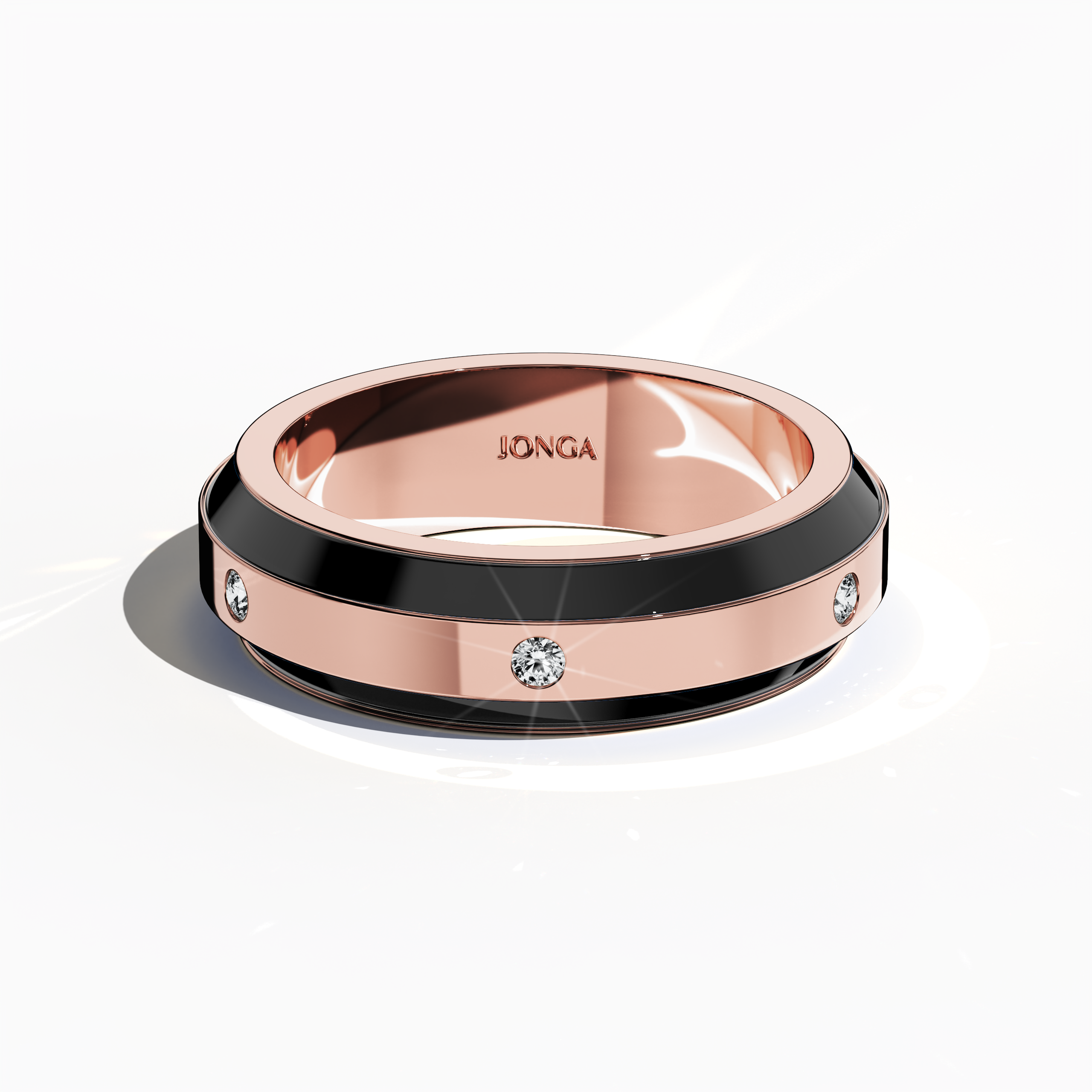 Crafted in розовое золото with contrasting black enamel, this six‐diamond ring boasts a glossy finish and a flawless centerline of radiant diamonds (up to 0.20 carats). Also called “Vintage Elegance,” “Gilded Grace,” and “Luminous Legacy,” its design exudes modern sophistication and timeless charm. Captured from a sleeping front top view, the image emphasizes exquisite detailing, refined finish, and keywords: luxury, designer, создано вручную, fine Украшения.