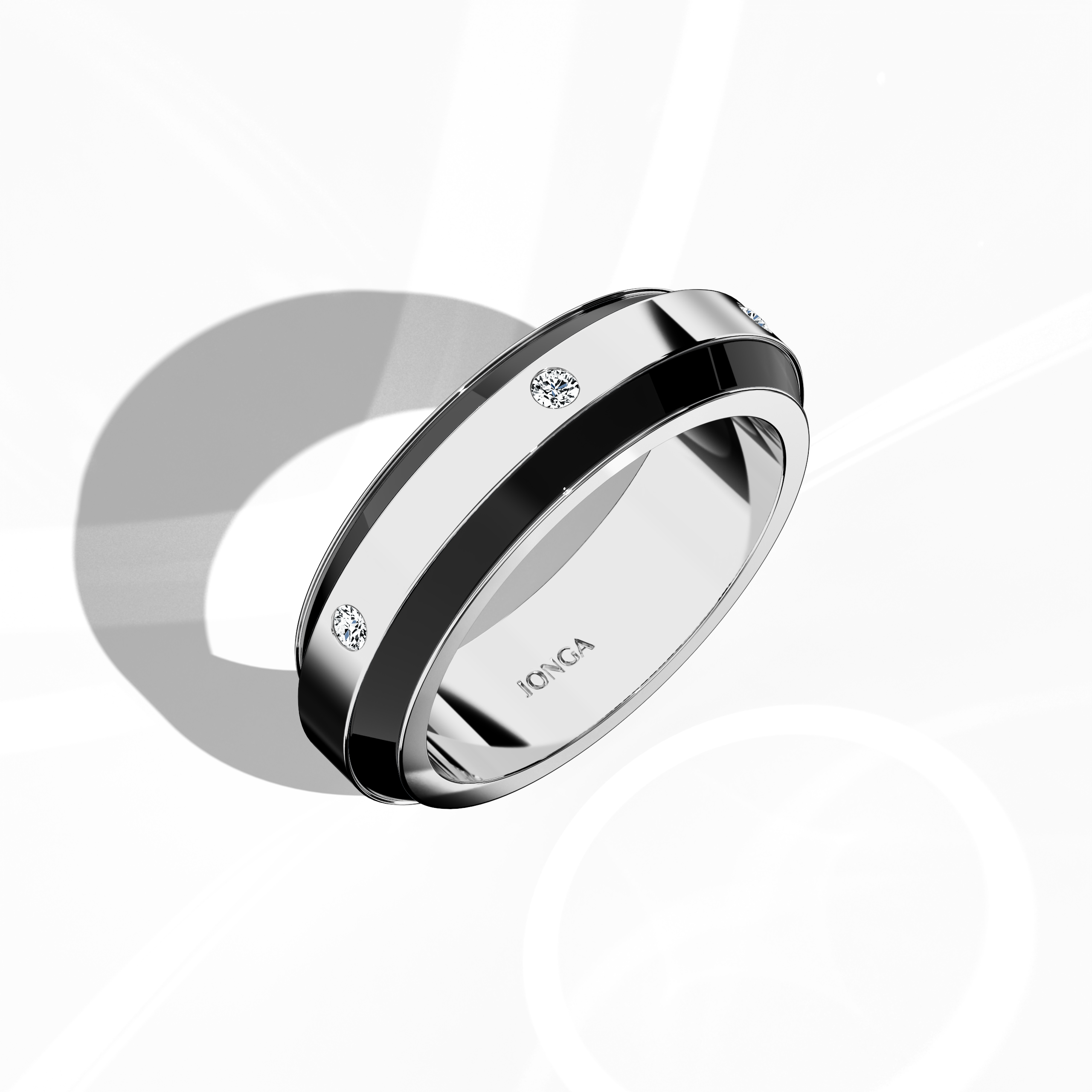 Elegantly rendered in белое золото with contrasting black enamel, this six‐diamond ring displays a glossy finish and a delicate centerline of shimmering diamonds (up to 0.20 carats). Referred to as “Diamond Serenity,” “Celestial Harmony,” and “Six Star,” its design exudes modern sophistication and timeless allure. Captured in a standing front top side view, the image reveals refined artistry, intricate detailing, and keywords: luxury, создано вручную, designer, fine Украшения.
