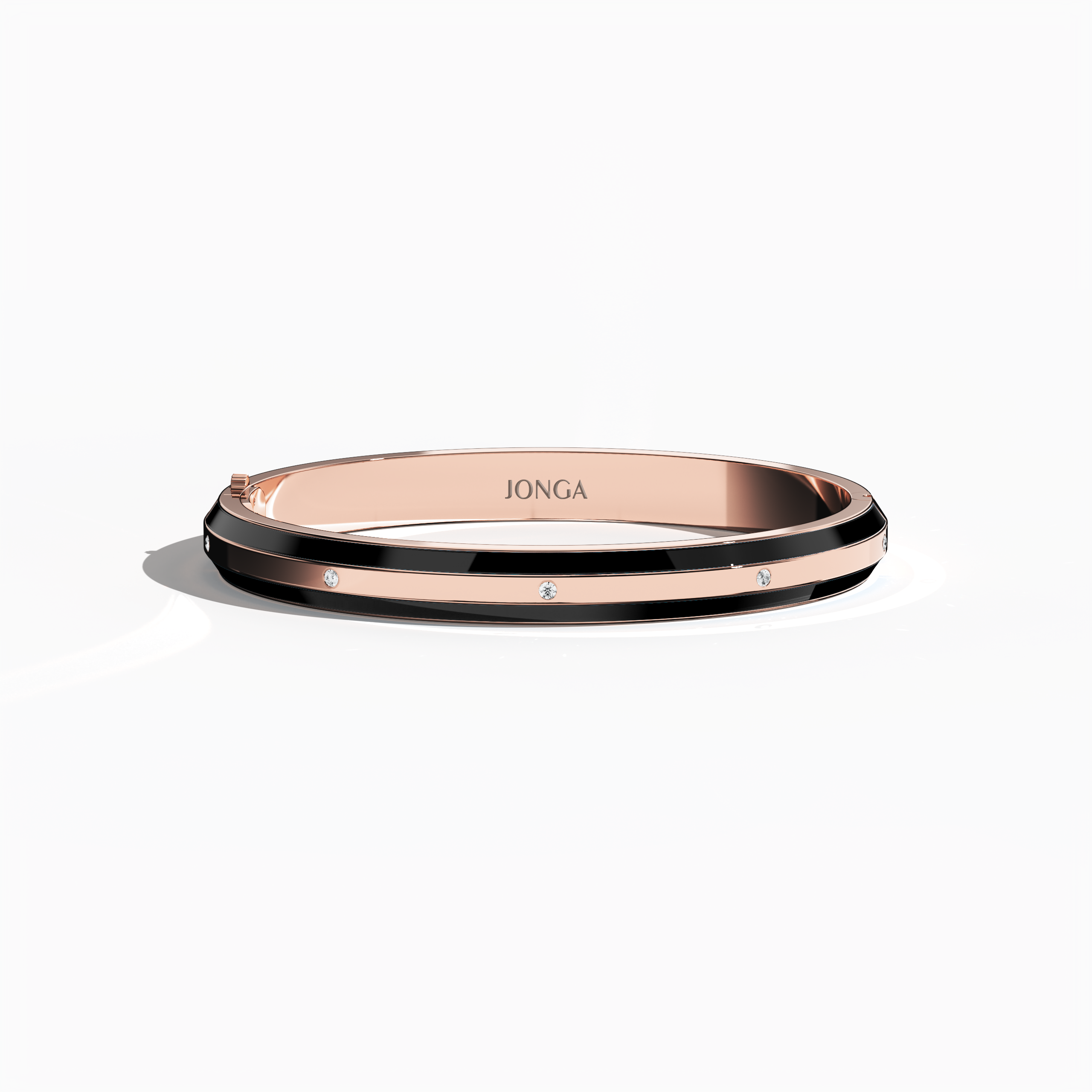 Front top view of a side enamel 9-Diamonds bangle showcasing 0.25 carat total diamond weight in radiant розовое золото—sometimes called pink gold, red gold, or blush gold. This versatile piece, also referred to as a diamond-encrusted bracelet, kada, or armlet, sports a bold black enamel edge accentuating nine luminous diamonds. Keywords: diamond bangle, розовое золото, black enamel, 9 diamonds, style.