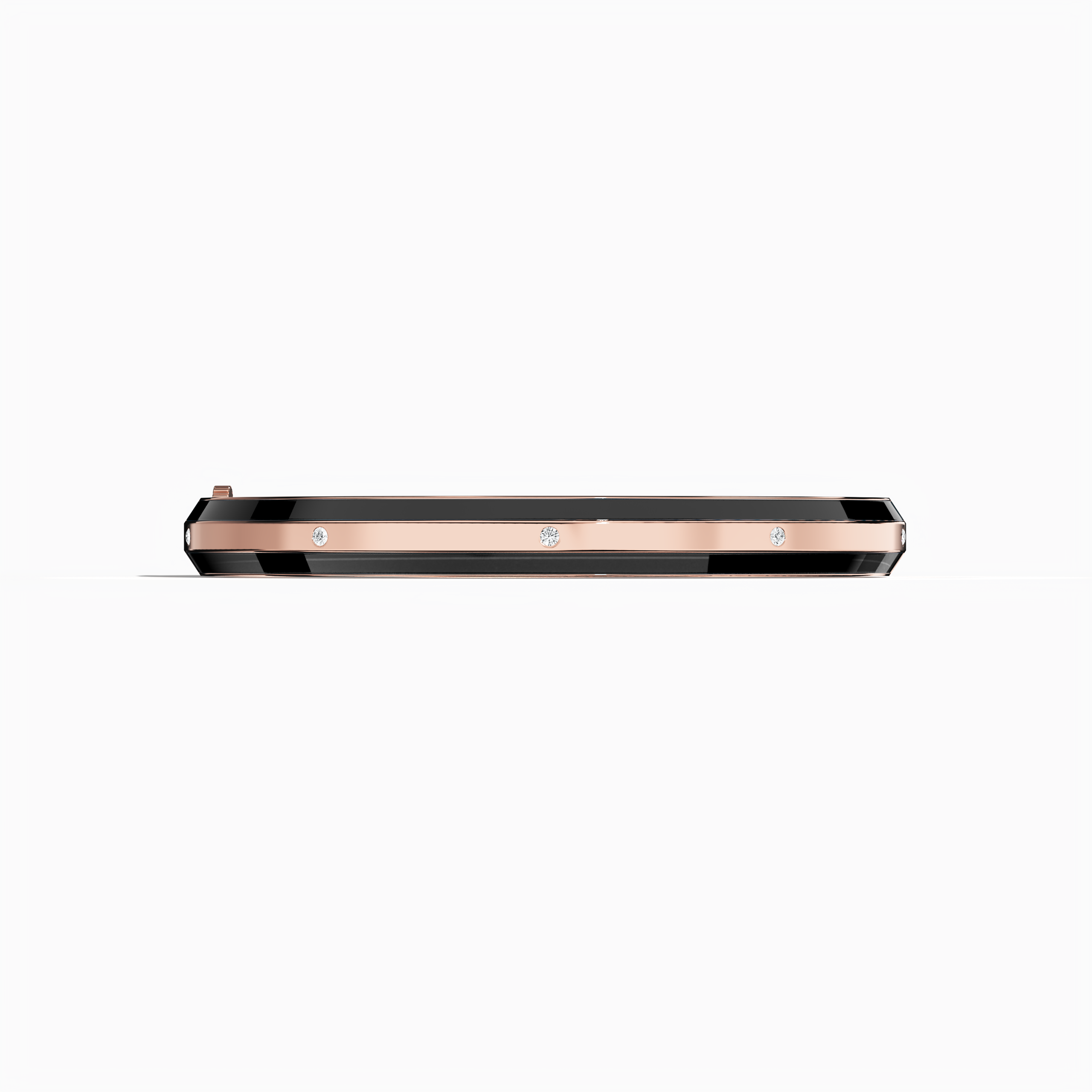 Front view of a side enamel 9-Diamonds bangle with 0.25 carat total diamond weight in luxurious розовое золото—also known as pink gold, red gold, or blush gold. Often termed a diamond-encrusted bracelet, kada, or armlet, it features a sleek black enamel strip highlighting nine sparkling diamonds. Keywords: diamond bangle, розовое золото, black enamel, 9 diamonds, unisex.