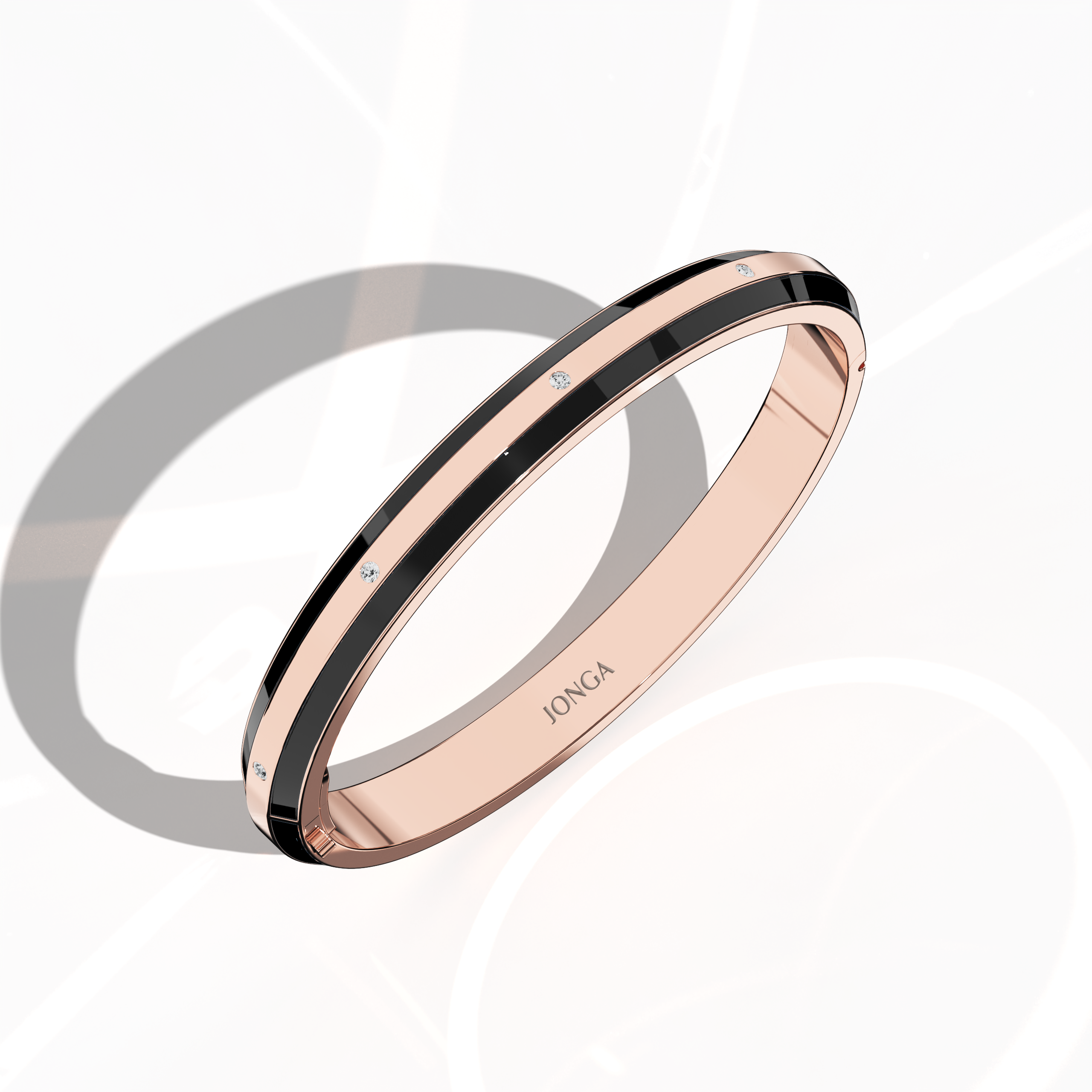 Standing front top side view of a side enamel 9-Diamonds bangle featuring 0.25 carat total diamond weight in refined розовое золото—often described as pink gold, red gold, or blush gold. Known as a diamond-encrusted bracelet, kada, or armlet, it showcases a glossy black enamel border framing nine radiant diamonds. Keywords: diamond bangle, розовое золото, black enamel, 9 diamonds, unisex.