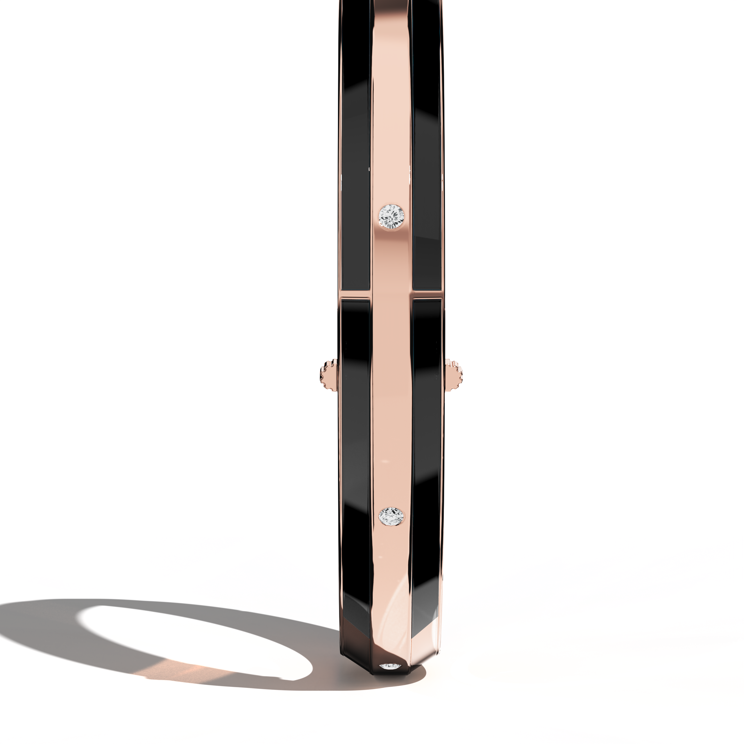 Standing side view of a side enamel 9-Diamonds bangle, holding 0.25 carat total diamond weight in delicate розовое золото—sometimes labeled pink gold, red gold, or blush gold. This design, recognized as a diamond-encrusted bracelet, kada, or armlet, displays a sleek black enamel trim that spotlights nine shimmering diamonds. Keywords: diamond bangle, розовое золото, black enamel, 9 diamonds, elegance.