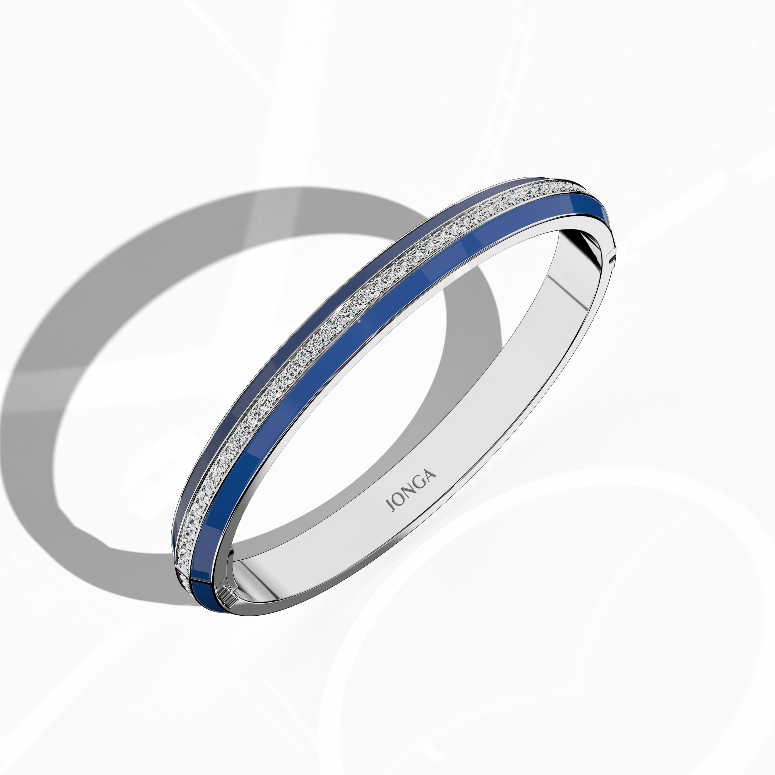 Standing front top side view of a side enamel center paved bangle in белое золото (often referred to as blanc gold), adorned with a deep blue enamel band. Enriched by 2.60 carats of sparkling diamonds in a pavé design, this versatile ornament—bracelet, armlet, kangan, or pulsera—combines sleek artistry with timeless flair. Its elevated angle highlights the intricate craftsmanship. Keywords: bangle, enamel, diamonds, белое золото.