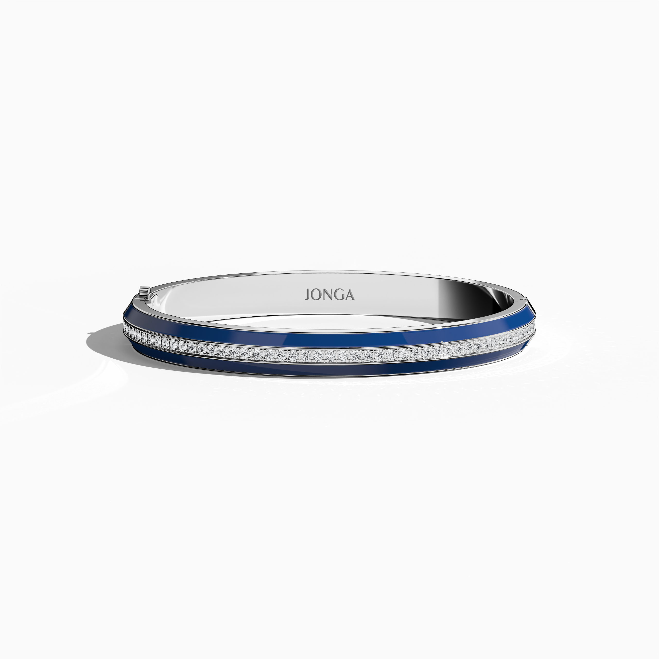 Front top view showcasing a side enamel center paved bangle in белое золото (sometimes named pale gold), accentuated by a rich blue enamel stripe. Adorned with 2.60 carats of diamonds in a lustrous pavé arrangement, this refined piece—called bracelet, armlet, kangan, or pulsera—reflects a modern motif. The graceful silhouette unites vibrant enamel with radiant metal. Keywords: bangle, enamel, diamonds, белое золото.