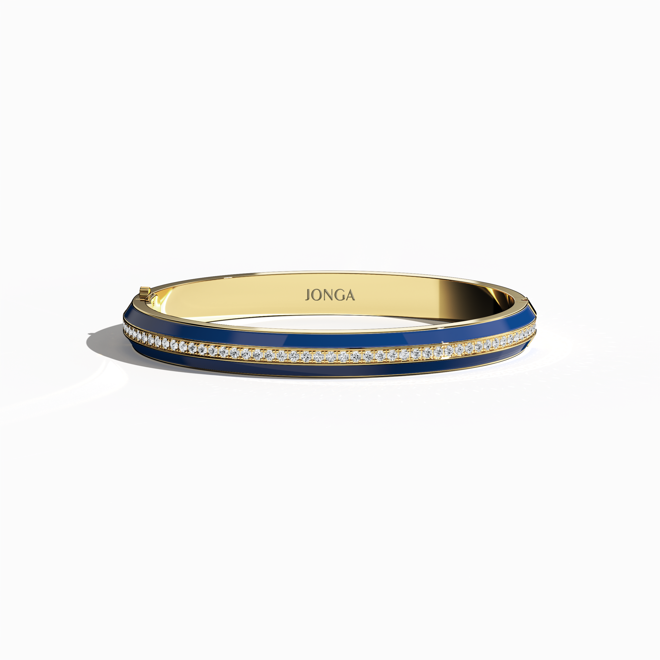 Front top view of a side enamel center paved bangle in жёлтое золото (sometimes called oro), showcasing a bold blue enamel stripe. This 2.60-carat diamond ornament—termed bracelet, armlet, kangan, or pulsera—combines luminous pavé diamonds with a striking enamel accent. Its streamlined form and warm gold hue present a refined yet vibrant aesthetic. Keywords: bangle, enamel, diamonds, жёлтое золото.