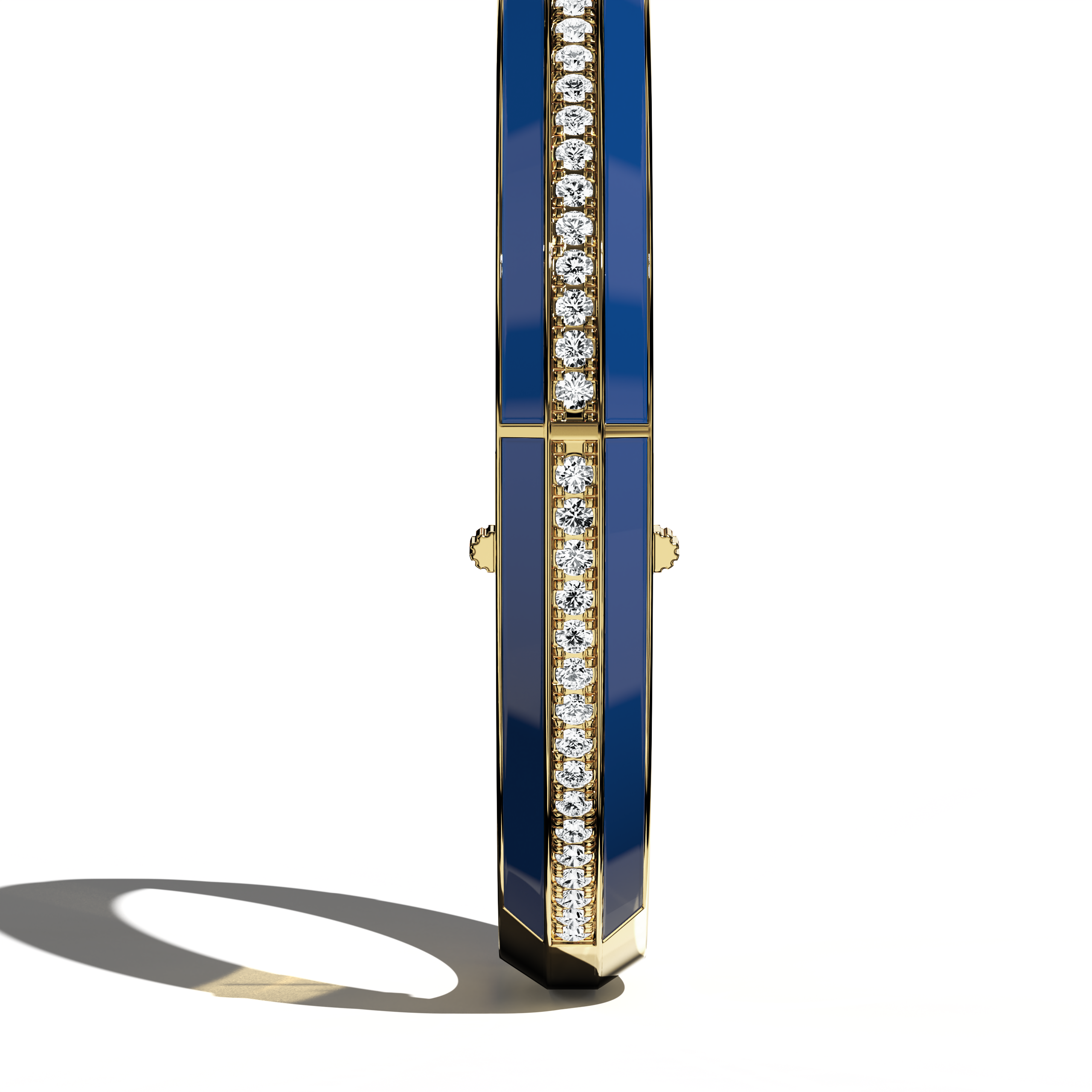 Standing side view of a side enamel center paved bangle in жёлтое золото (also described as classic gold), featuring a rich blue enamel panel. Dazzling with 2.60 carats of pavé-set diamonds, this accessory—also named bracelet, armlet, kangan, or pulsera—exudes bold sophistication. The slender profile underscores its seamless fusion of timeless metal and vibrant enamel. Keywords: bangle, enamel, diamonds, жёлтое золото.