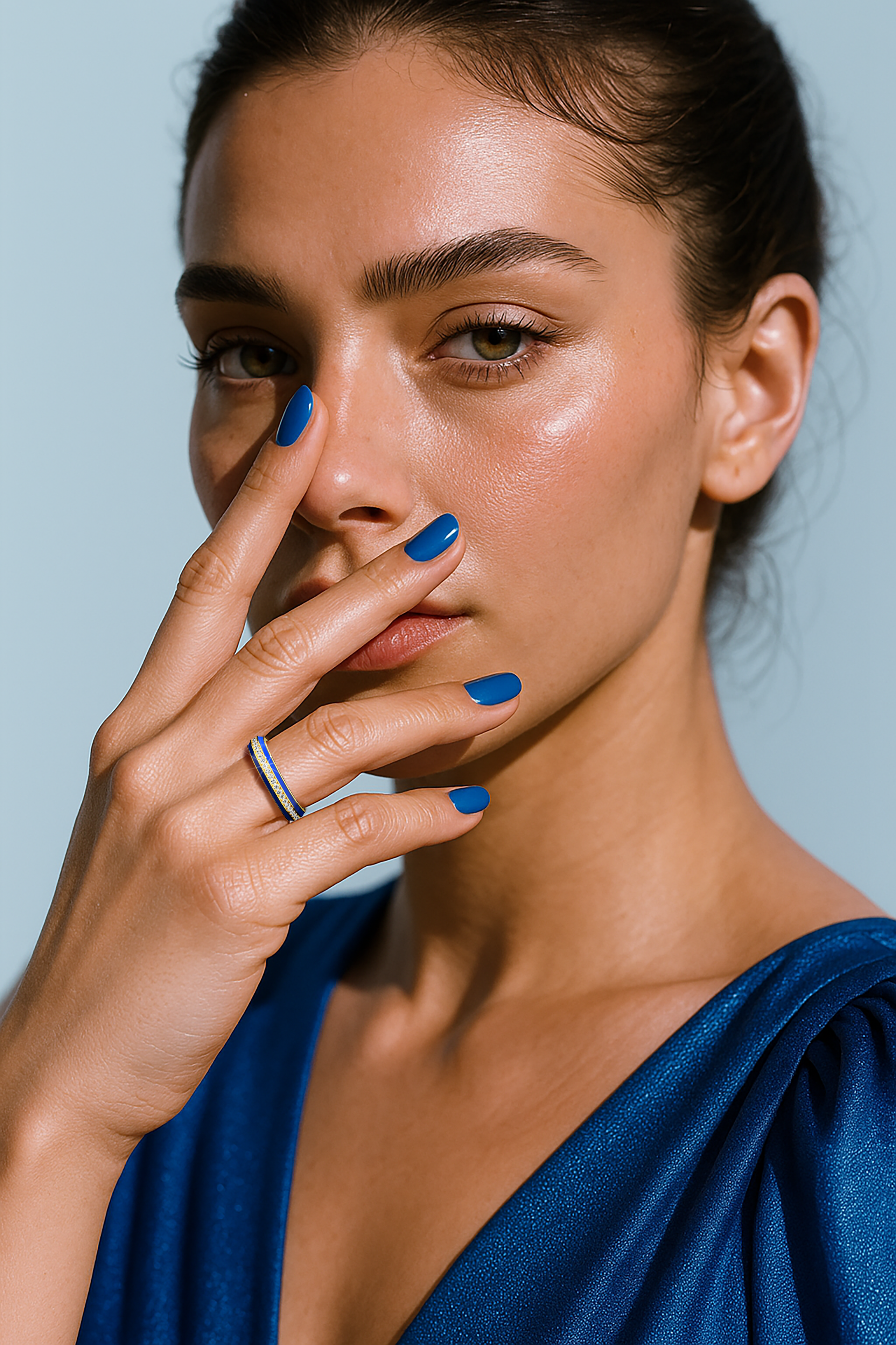 Gracefully worn on her finger, this yellow gold ring with vivid blue glossy enamel and a dazzling 0.35 carat paved center stone exemplifies modern luxury and refined craftsmanship. The exquisite pave band—recognized as Eternity Pave, Pavé Chic, and Carat Pave—is elegantly rendered to highlight intricate pavé details and the vibrant contrast between warm yellow gold and dynamic blue enamel. A true statement of designer artistry, it radiates timeless elegance and sophisticated charm.
Keywords: enamel, pave, l