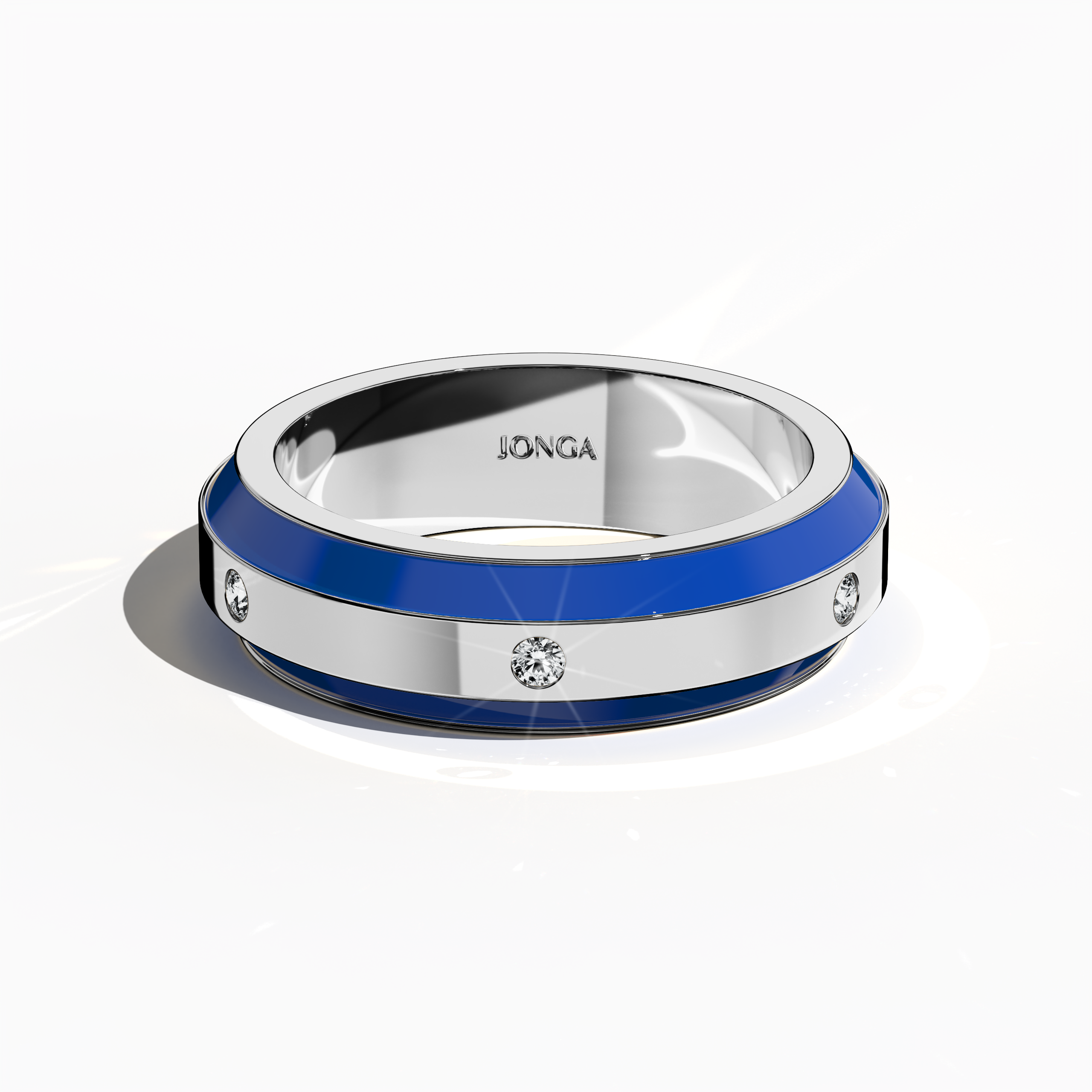 Beautifully rendered in белое золото with a radiant blue enamel setting, this six‐diamond ring showcases a glossy finish and a precise centerline of brilliant diamonds (up to 0.20 carats). Also known as “Celestial Harmony,” “Enamel Enchantment,” and “Six Star,” its refined design fuses contemporary style with classic allure. Captured from a sleeping front top view, the image emphasizes exquisite detailing, refined finish, and keywords: luxury, designer, fine Украшения, artisanal.