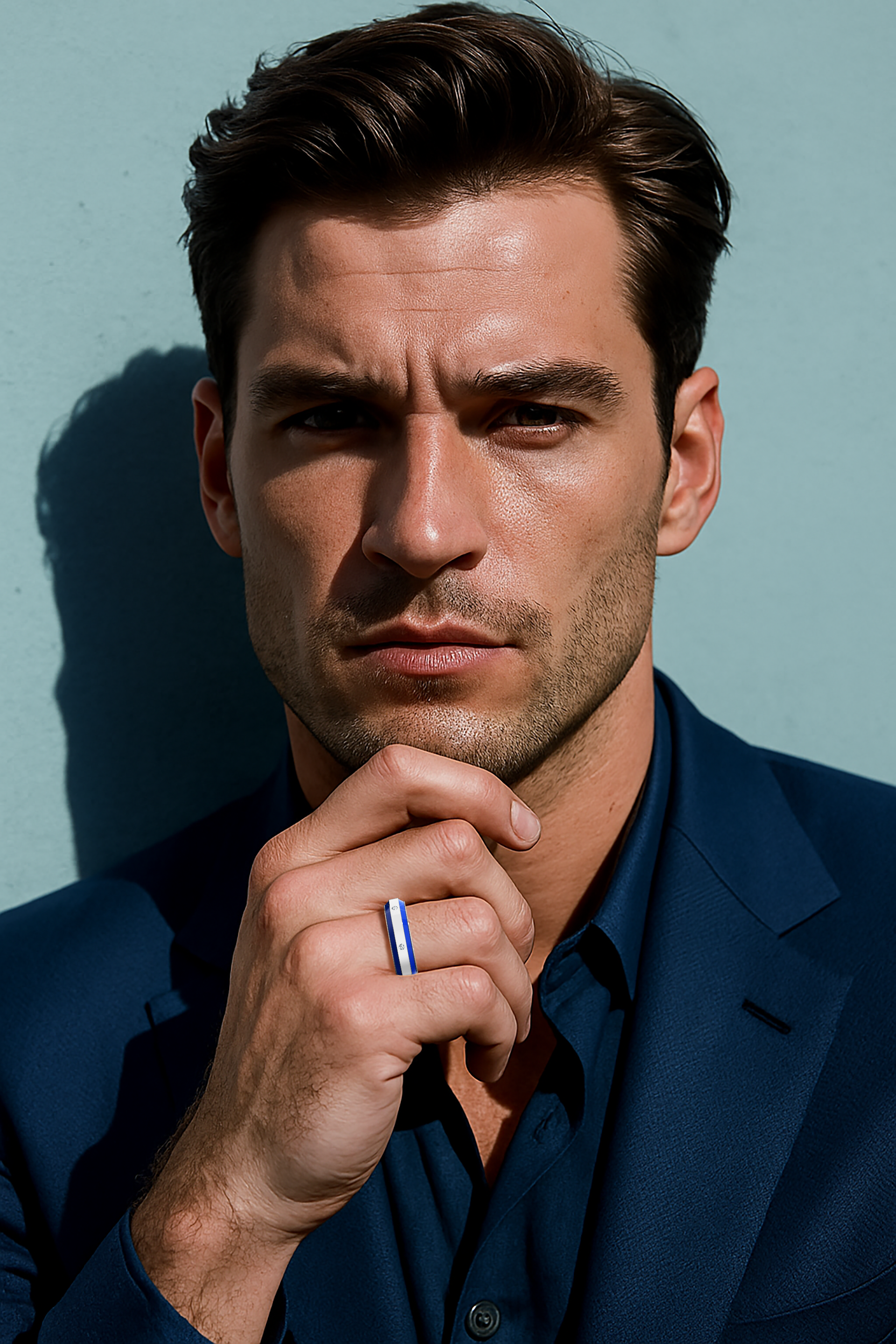 Elegantly showcased on his hand, this white gold ring with vibrant blue enamel and a centerline of six brilliant diamonds (up to 0.20 carats) features a glossy, refined finish. Celebrated as “Enamel Enchantment,” “Celestial Harmony,” and “Six Star,” its design fuses modern elegance with timeless sophistication. Shown on him, the image accentuates intricate detailing, luxurious polish, and keywords: luxury, designer, handcrafted, fine jewelry.