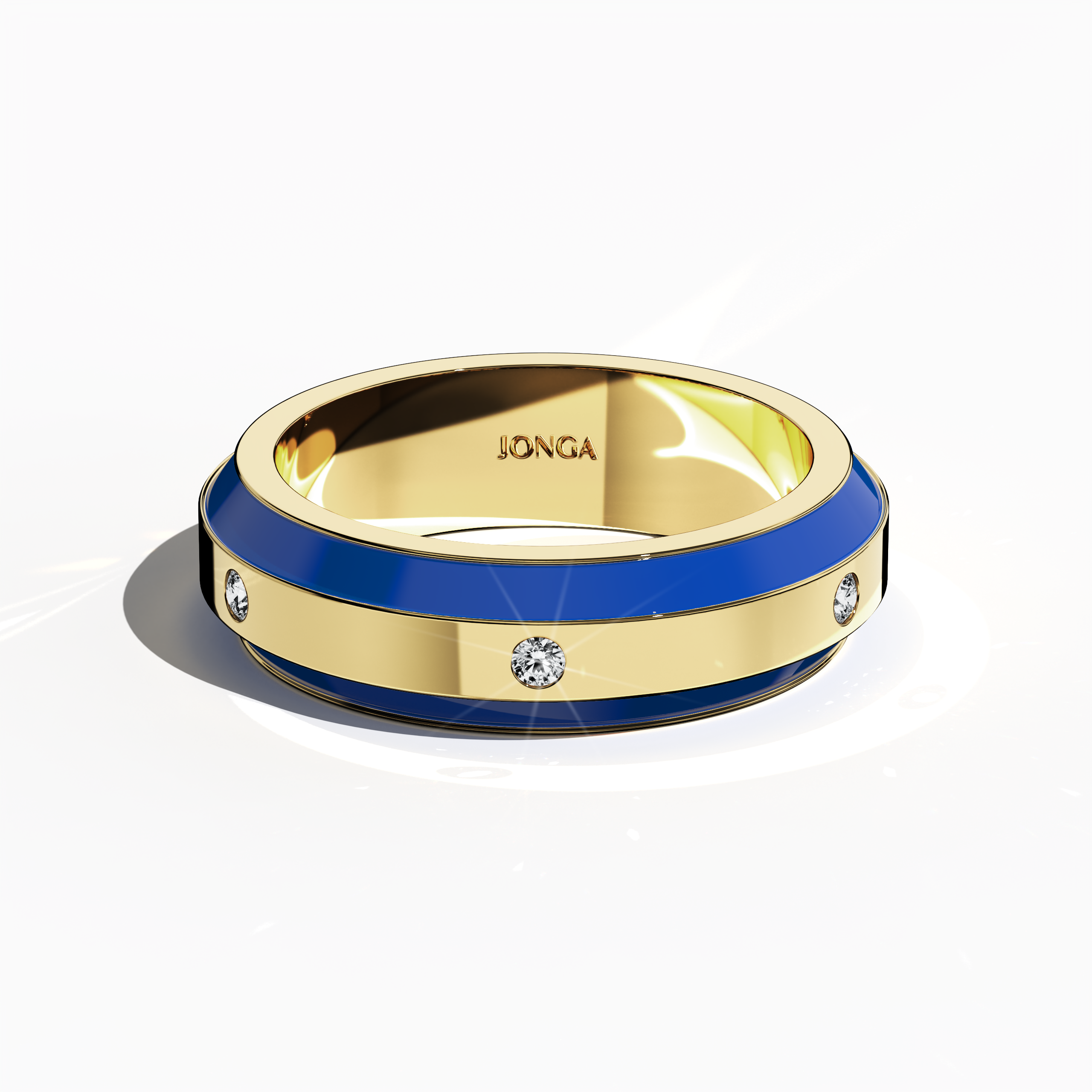 Rendered in жёлтое золото with dynamic blue enamel, this six‐diamond ring offers a glossy finish and a striking centerline of luminous diamonds (up to 0.20 carats). Known as “Timeless Chic,” “Golden Allure,” and “Radiant Curve,” its design reflects contemporary sophistication and classic beauty. Captured in a standing front top side view, the image showcases refined detailing and keywords: luxury, designer, создано вручную, fine Украшения.