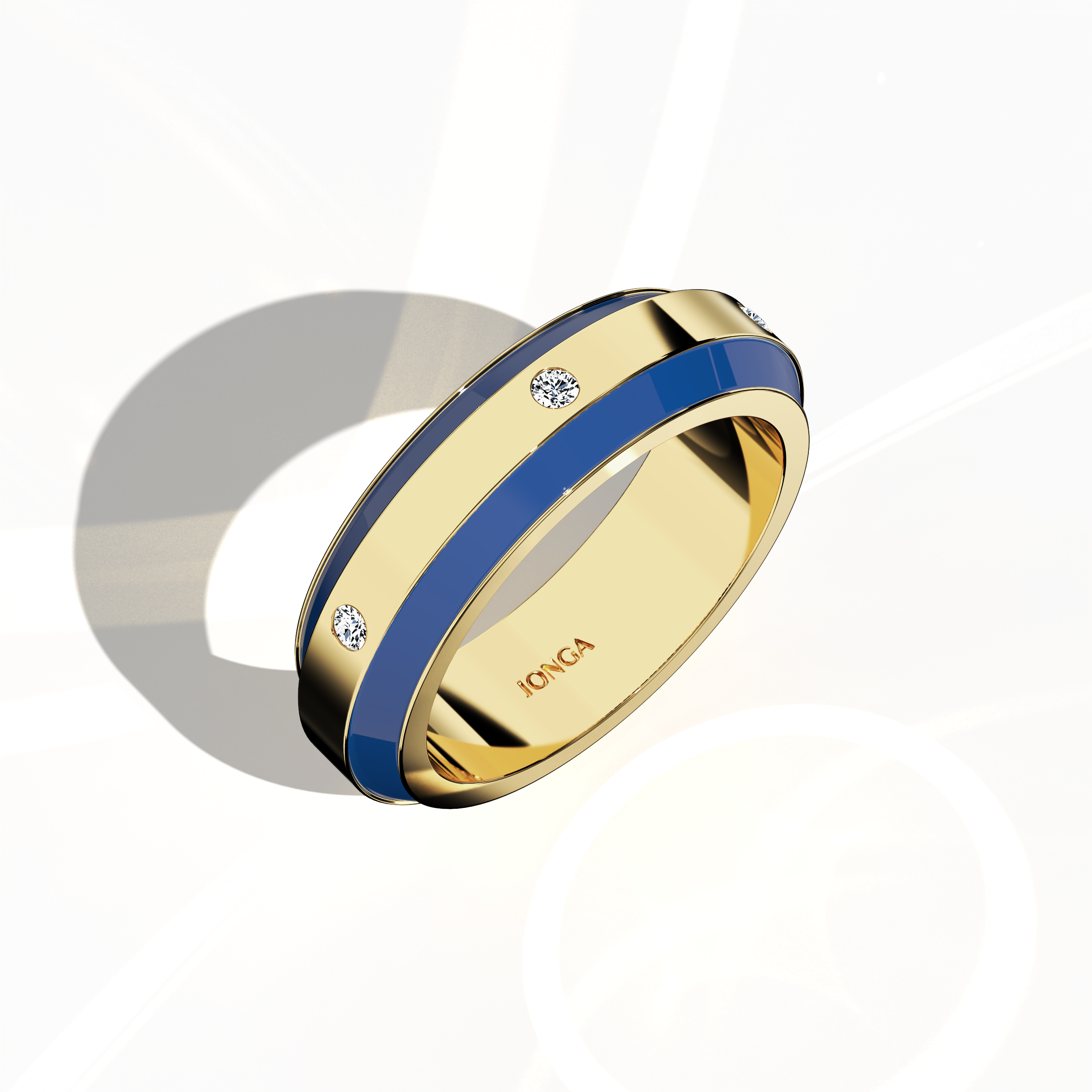 Rendered in жёлтое золото with dynamic blue enamel, this six‐diamond ring offers a glossy finish and a striking centerline of luminous diamonds (up to 0.20 carats). Known as “Timeless Chic,” “Golden Allure,” and “Radiant Curve,” its design reflects contemporary sophistication and classic beauty. Captured in a standing front top side view, the image showcases refined detailing and keywords: luxury, designer, создано вручную, fine Украшения.