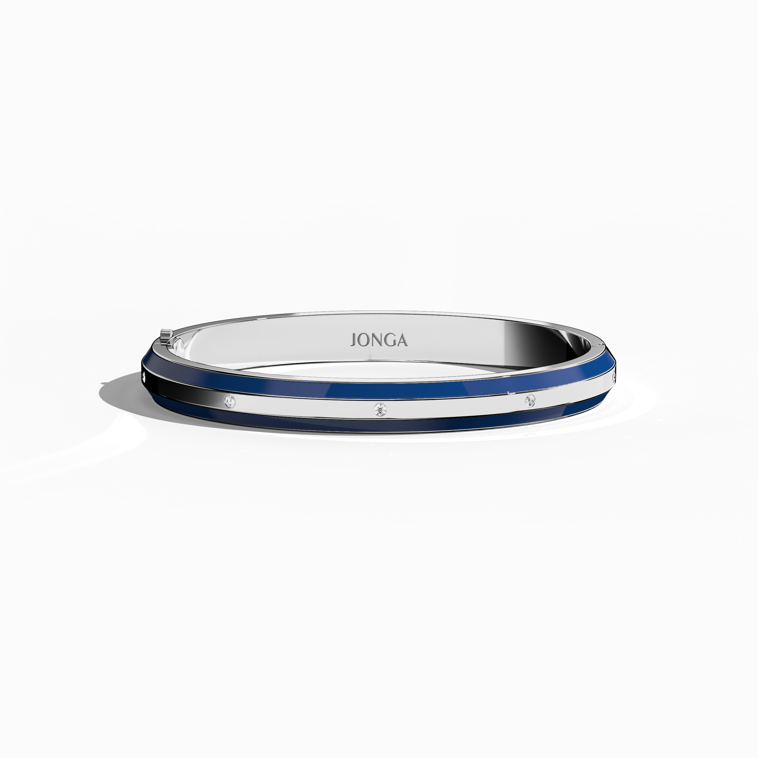 Front top view of a side enamel 9-Diamonds bangle featuring 0.25 carat total diamond weight in polished белое золото—also labeled pale gold or silver-toned gold. This refined piece, also called a diamond-encrusted bracelet, kada, or armlet, displays a striking blue enamel band along its rim. Nine shimmering diamonds highlight its sophisticated unisex style. Keywords: diamond bangle, белое золото, blue enamel, 9 diamonds, unisex.