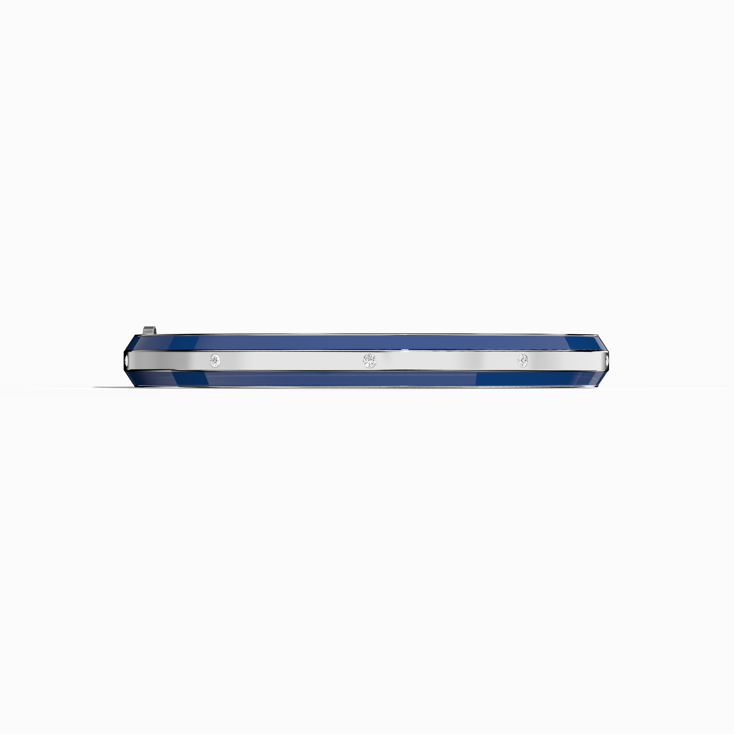 Front view of a side enamel 9-Diamonds bangle with 0.25 carat total diamond weight in gleaming белое золото—also called pale gold or silver-toned gold. Known in some regions as a diamond-encrusted bracelet, kada, or armlet, it showcases a vibrant blue enamel strip for modern contrast. Nine diamonds enhance its unisex appeal. Keywords: diamond bangle, белое золото, blue enamel, unisex Украшения, 9 diamonds.