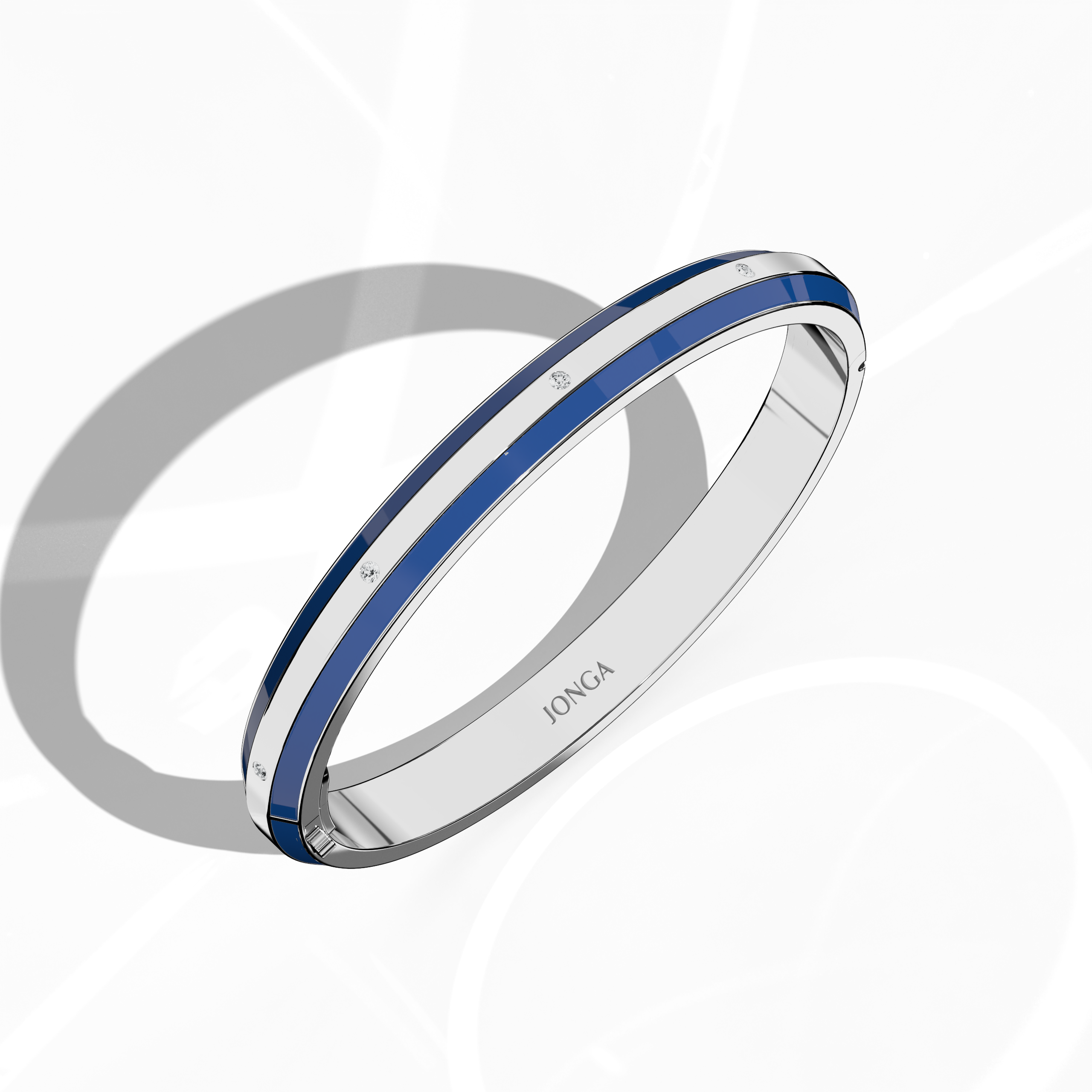 Standing front top side view of a side enamel 9-Diamonds bangle with 0.25 carat total diamond weight in radiant белое золото—also termed pale gold or silver-toned gold. This versatile design, referred to as a diamond-encrusted bracelet, kada, or armlet, flaunts a bold blue enamel accent framing nine luminous diamonds. Perfect for unisex wear. Keywords: diamond bangle, белое золото, blue enamel, 9 diamonds, style.