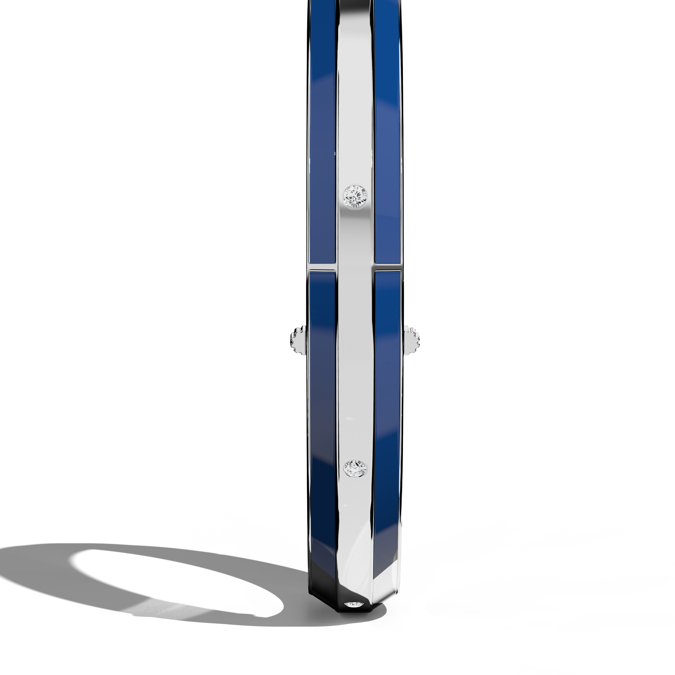 Standing side view of a side enamel 9-Diamonds bangle, showcasing 0.25 carat total diamond weight in elegant белое золото—sometimes labeled pale gold or silver-toned gold. Also known as a diamond-encrusted bracelet, kada, or armlet, its glossy blue enamel edge emphasizes the nine sparkling diamonds. A timeless unisex statement. Keywords: diamond bangle, белое золото, blue enamel, 9 diamonds, timeless.