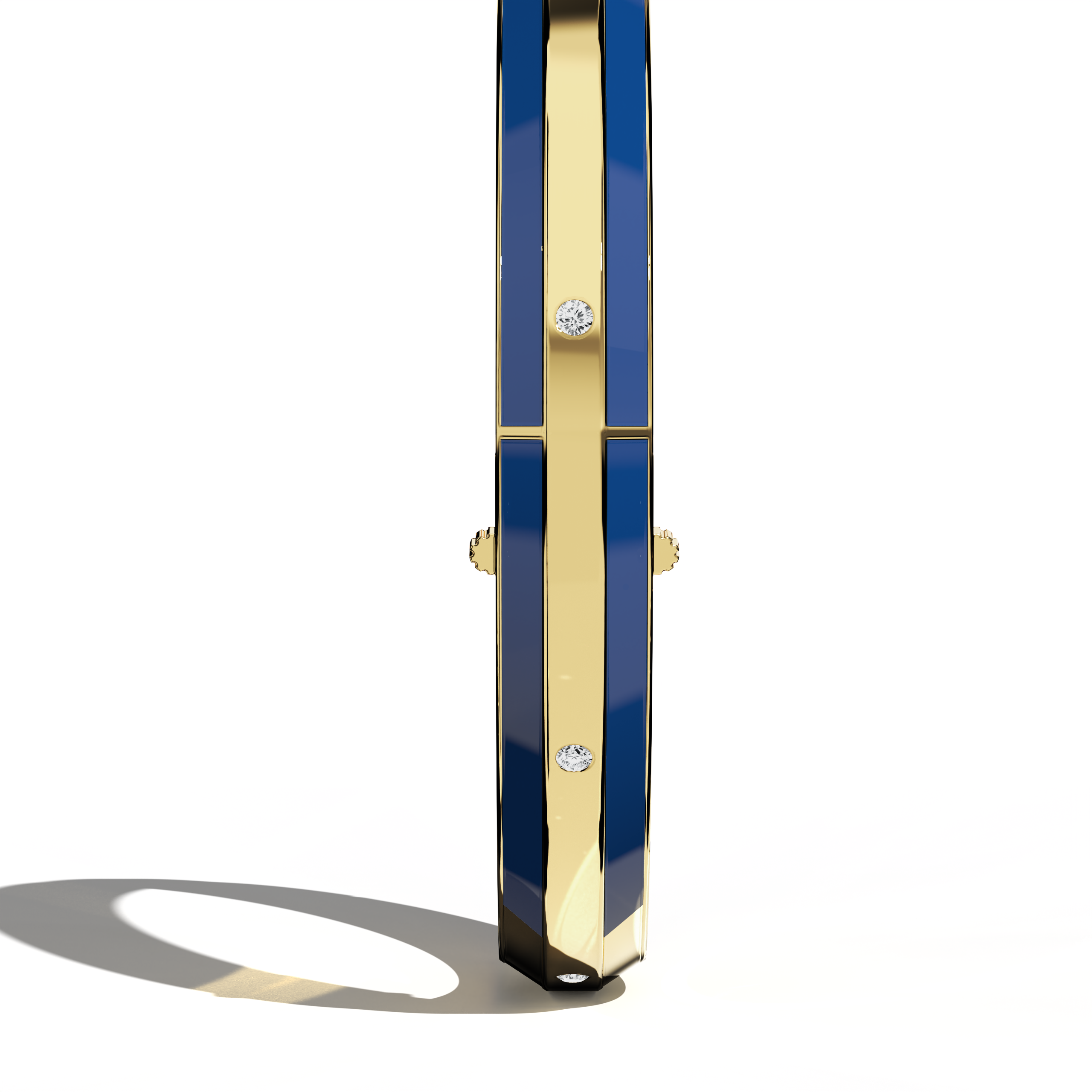 Standing side view of a side enamel 9-Diamonds bangle, presenting 0.25 carat total diamond weight in warm жёлтое золото—sometimes described as classic gold, golden, or sunlit gold. This piece, also called a diamond-encrusted bracelet, kada, or armlet, highlights a bold blue enamel trim—navy or sapphire tinted—framing nine dazzling diamonds. Keywords: diamond bangle, жёлтое золото, blue enamel, 9 diamonds, elegant.