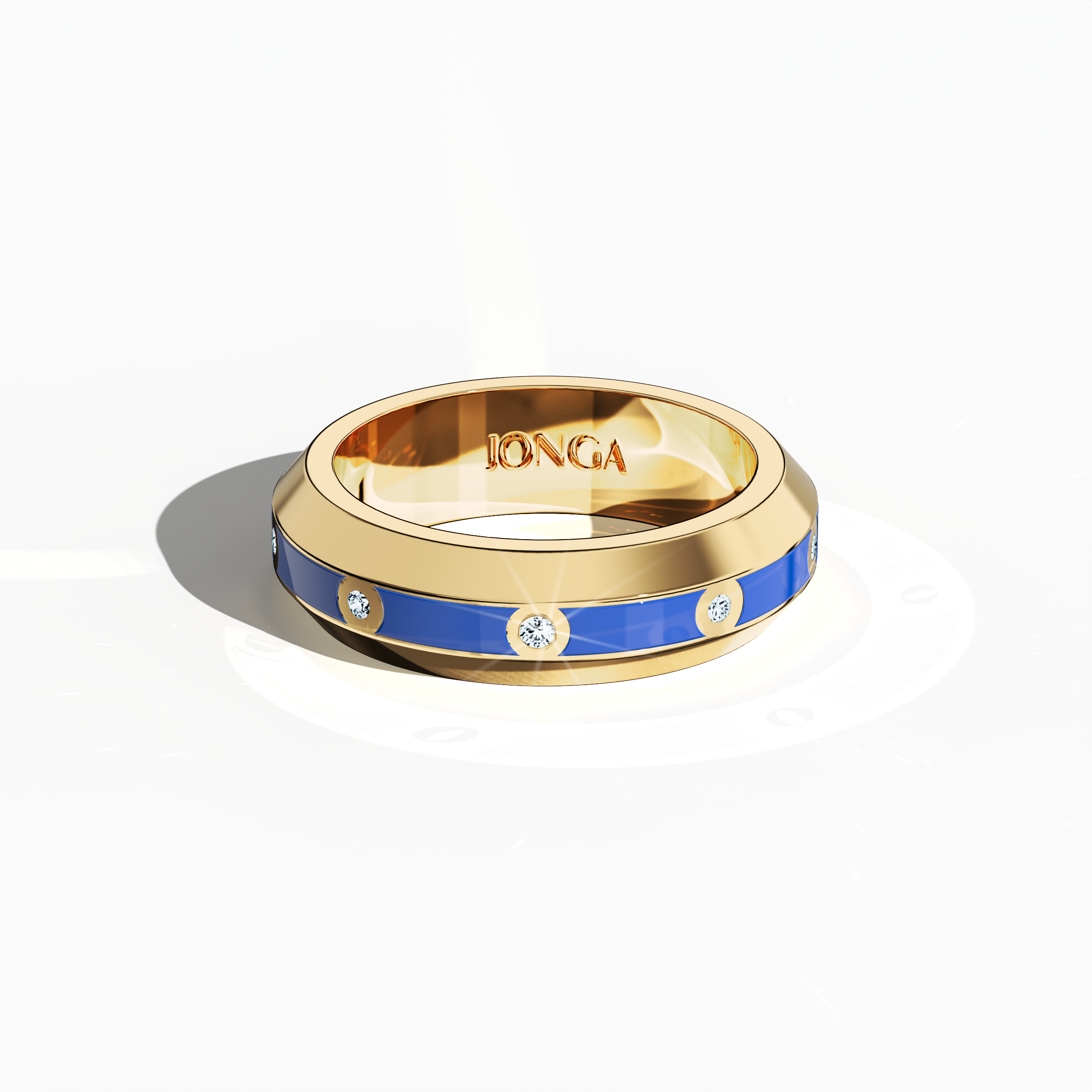 In a sleeping front top view, the yellow gold nine diamond center step enamel ring with luminous blue glossy enamel displays a flat, elegant profile and a centrally aligned 0.30-carat diamond row. Celebrated as ‘Blush Elegance’ and ‘yellow Ivory Radiance,’ the design marries contemporary innovation with classic allure for a look that is both luxurious and artfully modern. Keywords: yellow gold ring, enamel, diamond, luxury jewelry, modern design, designer, elegant, sophisticated.