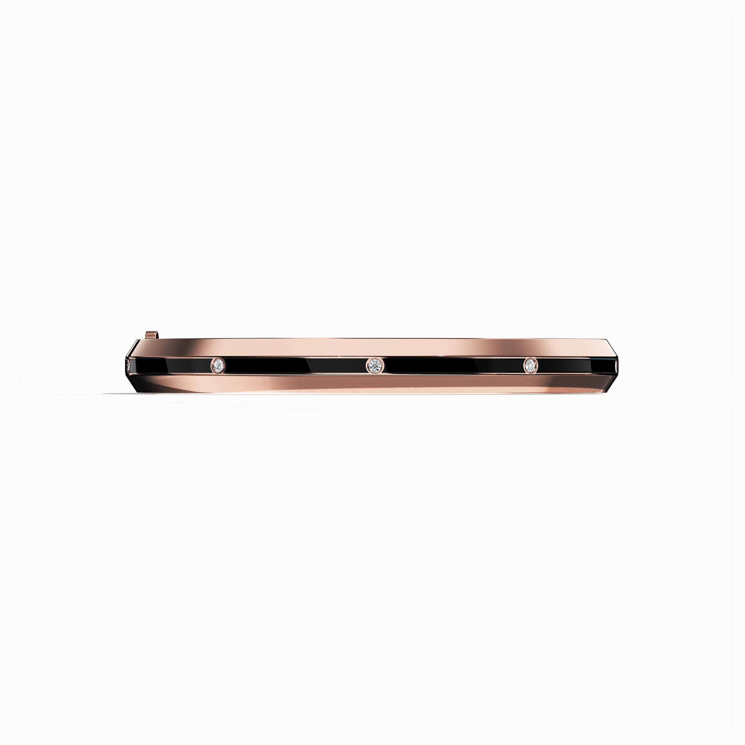 Front view of a center enamel 9-Diamonds bangle featuring 0.25 carat total diamond weight in romantic розовое золото—sometimes known as pink gold, red gold, or blush gold. Also called a diamond-encrusted bracelet, kada, or armlet, this design showcases a sleek black enamel center, enhancing the sparkle of nine brilliant diamonds. Keywords: diamond bangle, розовое золото, black enamel, 9 diamonds, unisex.